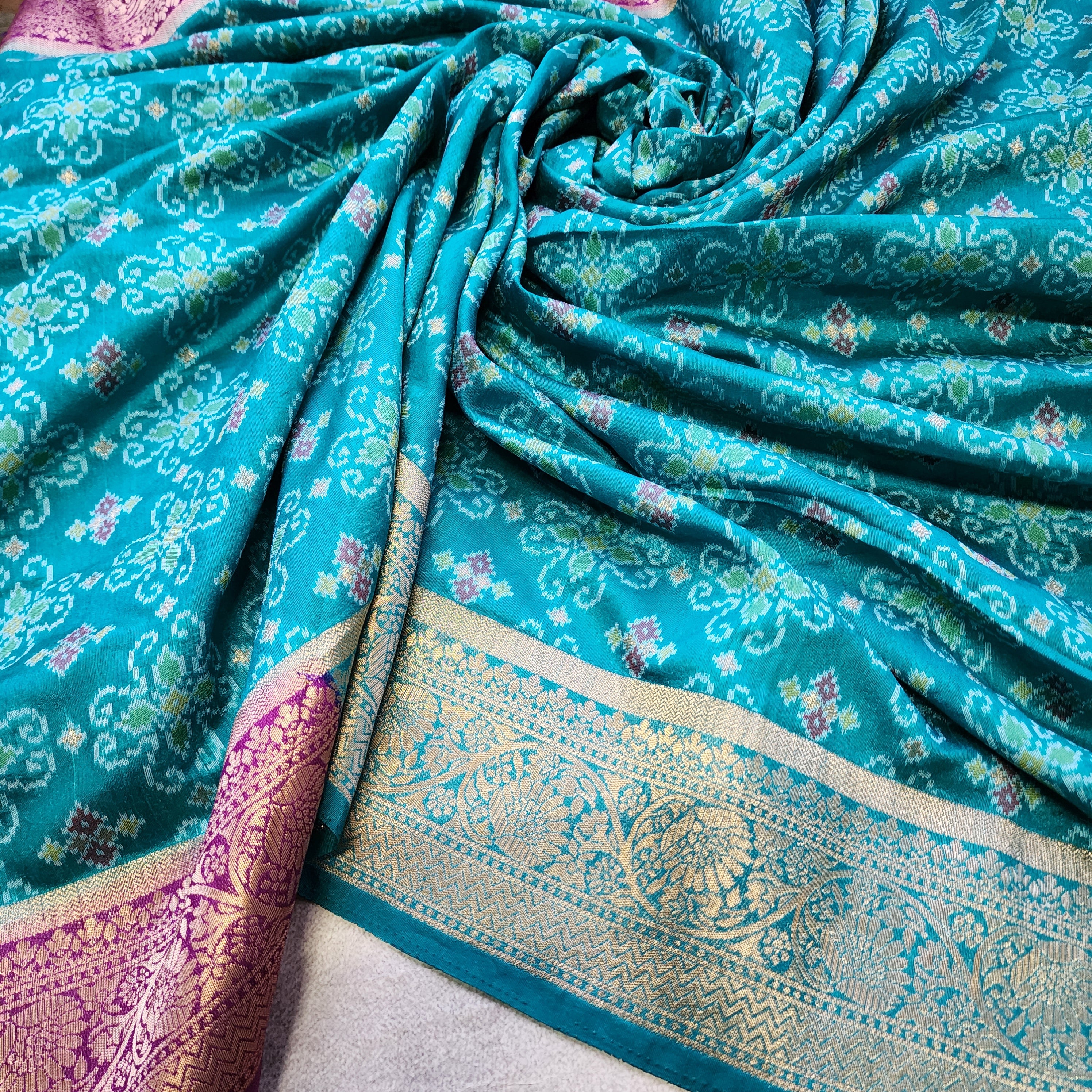 Turquoise Dupion Patola with Maroon-Gold Border & Heavy Gold Zari