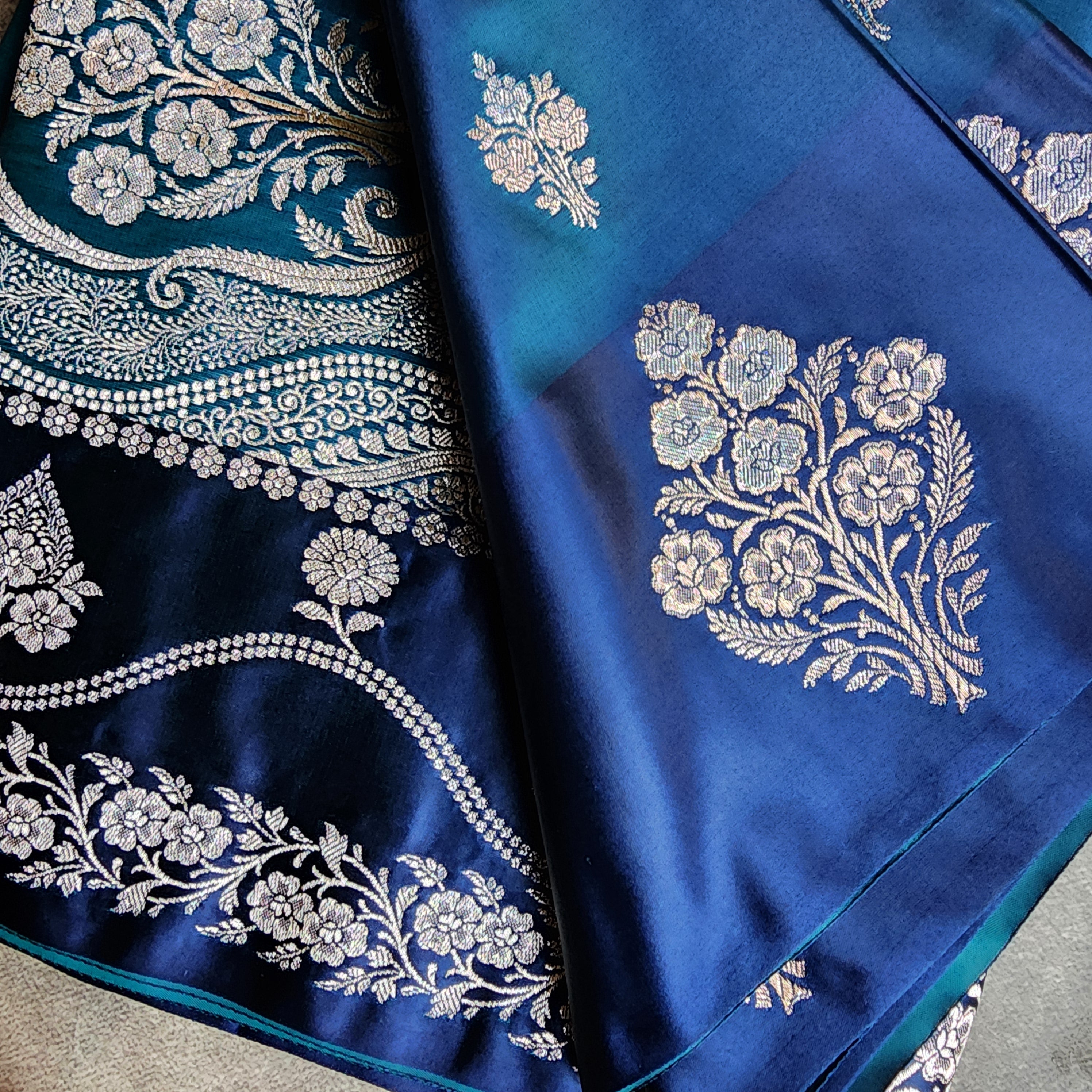 Dual-Tone Peacock Blue Pure Banarasi Katan Silk Saree