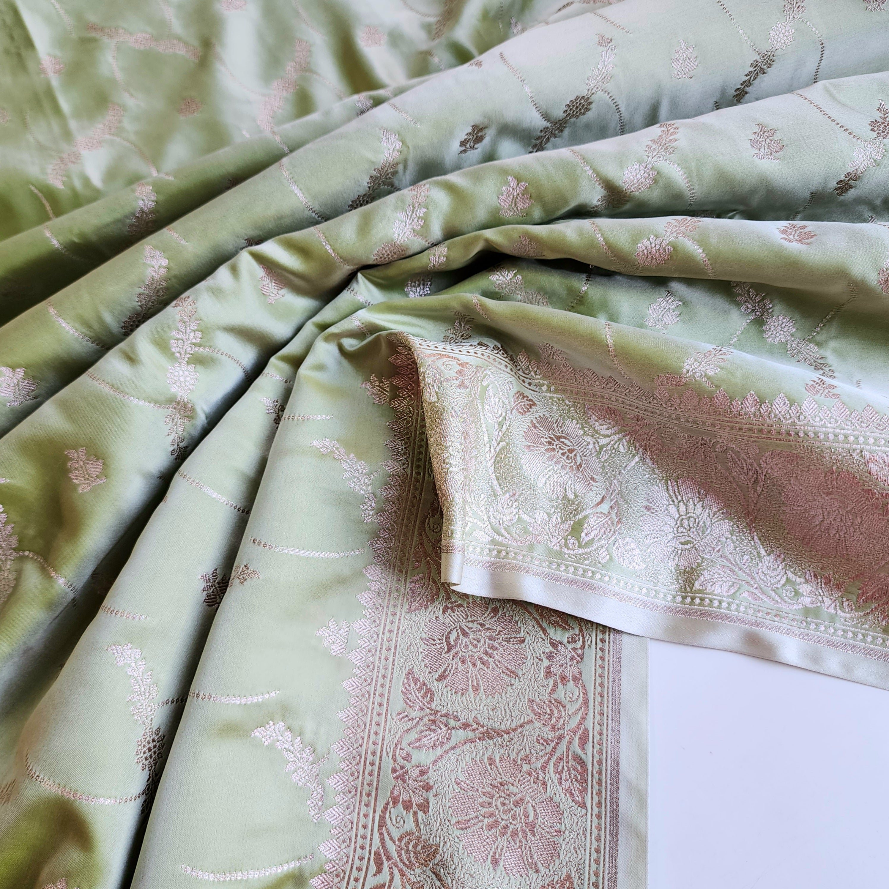 Pastel Sage Green Banarasi Katan Silk Saree with Light Gold Zari weaving