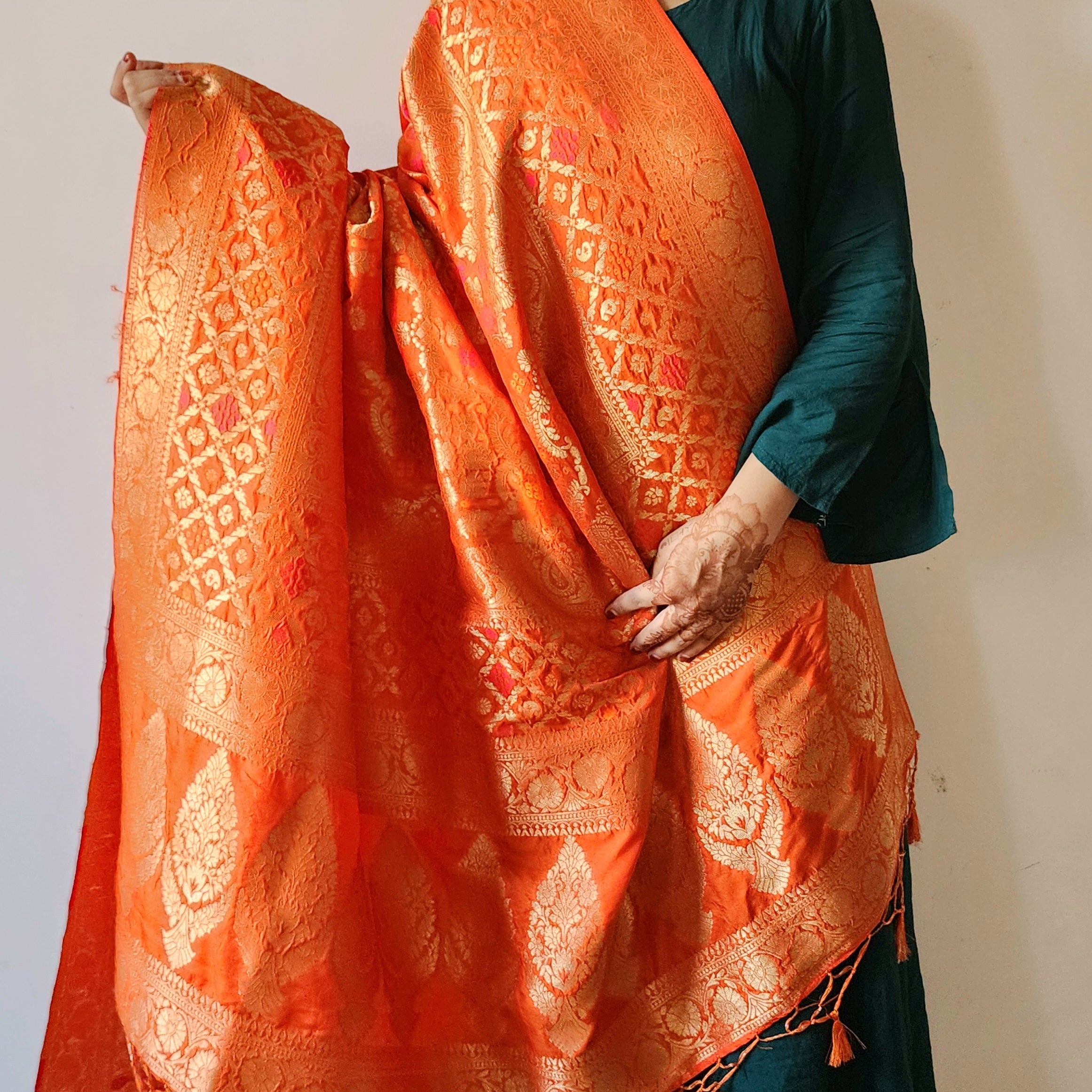 Burnt Orange Bandhani Dupatta with Floral and Geometric Zari Weave