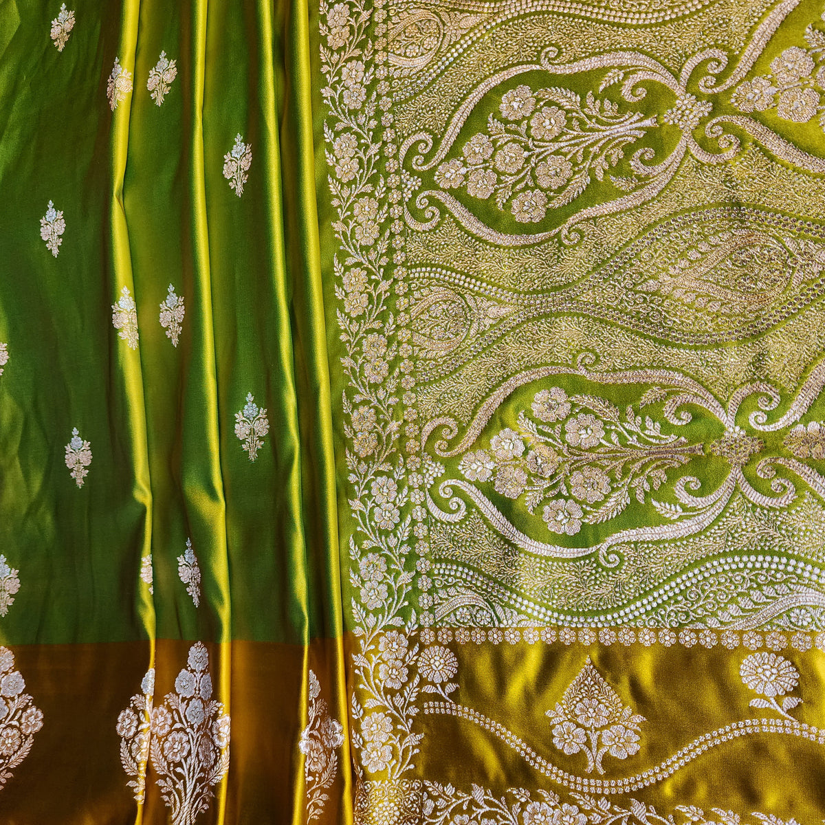 Dual-Tone Parrot Green & Yellow Pure Banarasi Katan Silk Saree
