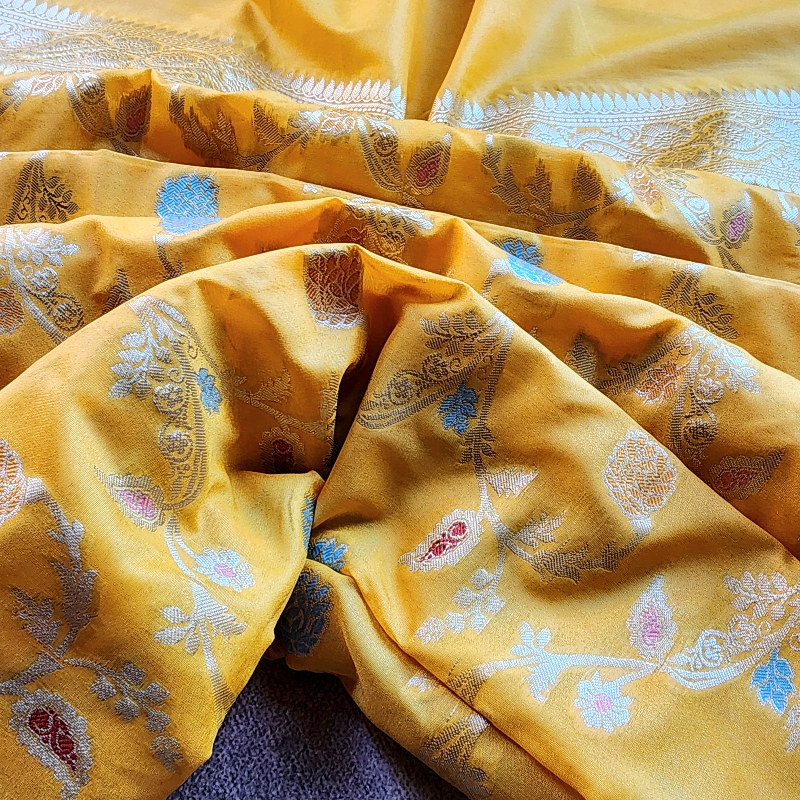 Mustard Yellow Banarasi Silk Dupatta with Gold Zari Border & Multicolor Meenakari Work