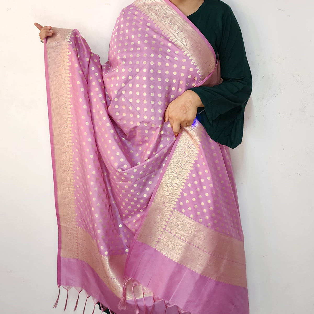 Mauve Pink Banarasi Silk Dupatta with Gold Polka Dot