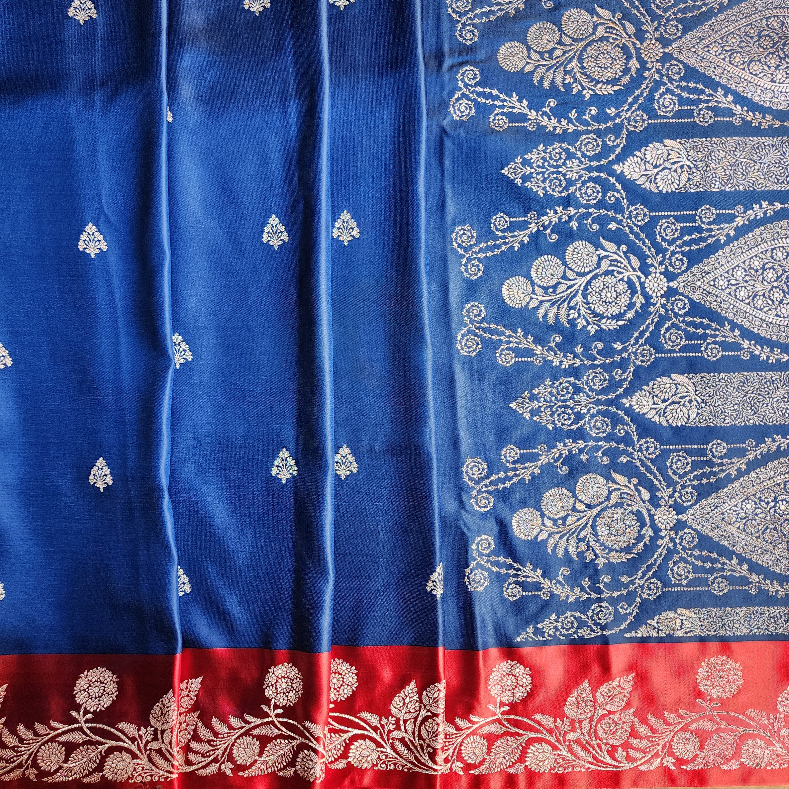 Navy Blue Pure Banarasi Katan Silk Saree with Vermilion Red Border