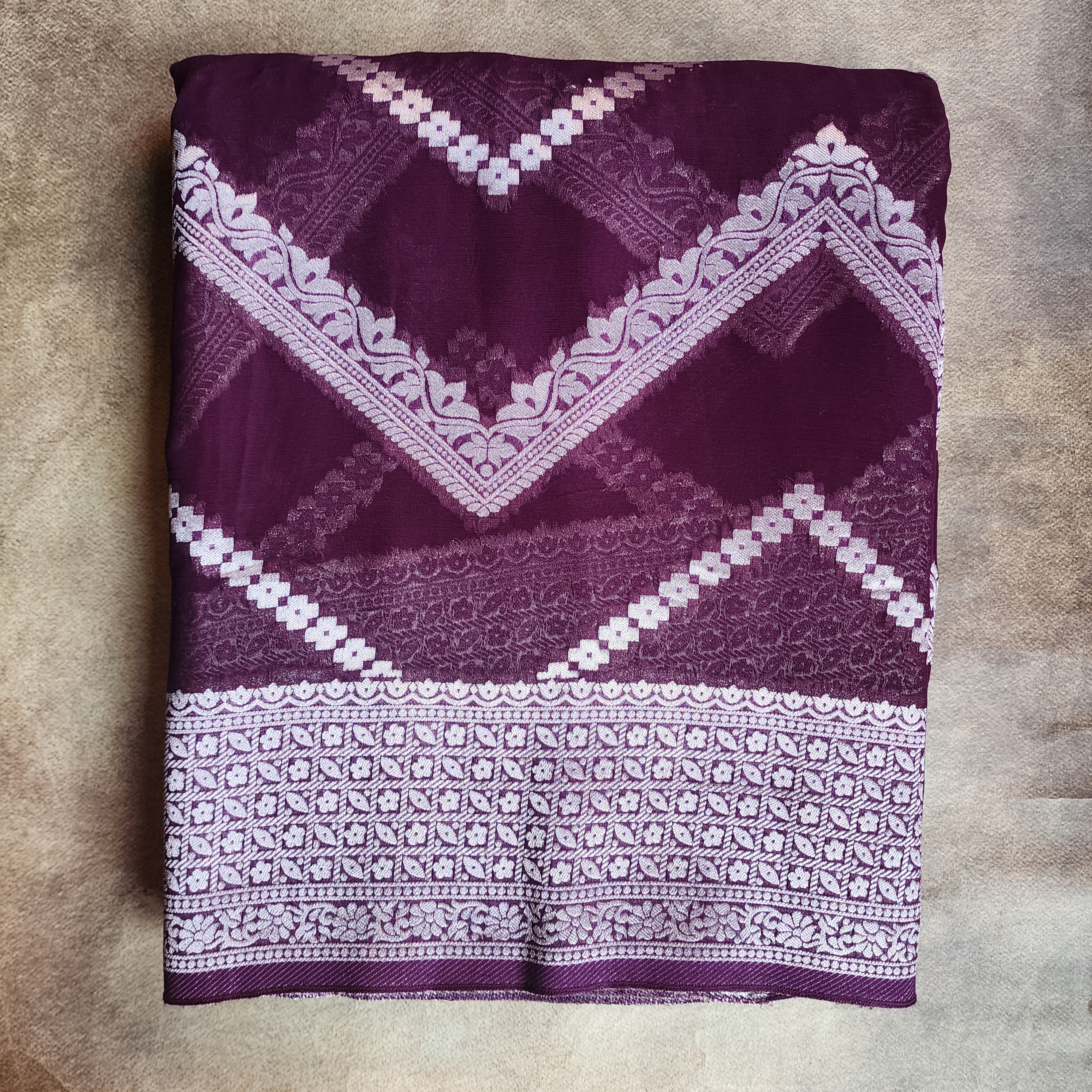 Dark Purple Khaddi Georgette Pure Banarasi Saree with Silver Zari