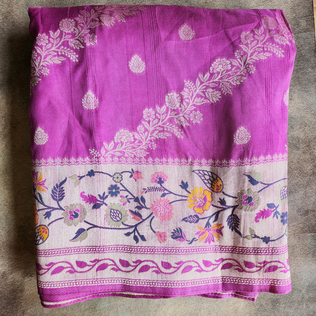 Soft Lavender Orchid Raw Silk Saree with Pastel Floral Weaving and Ivory Border