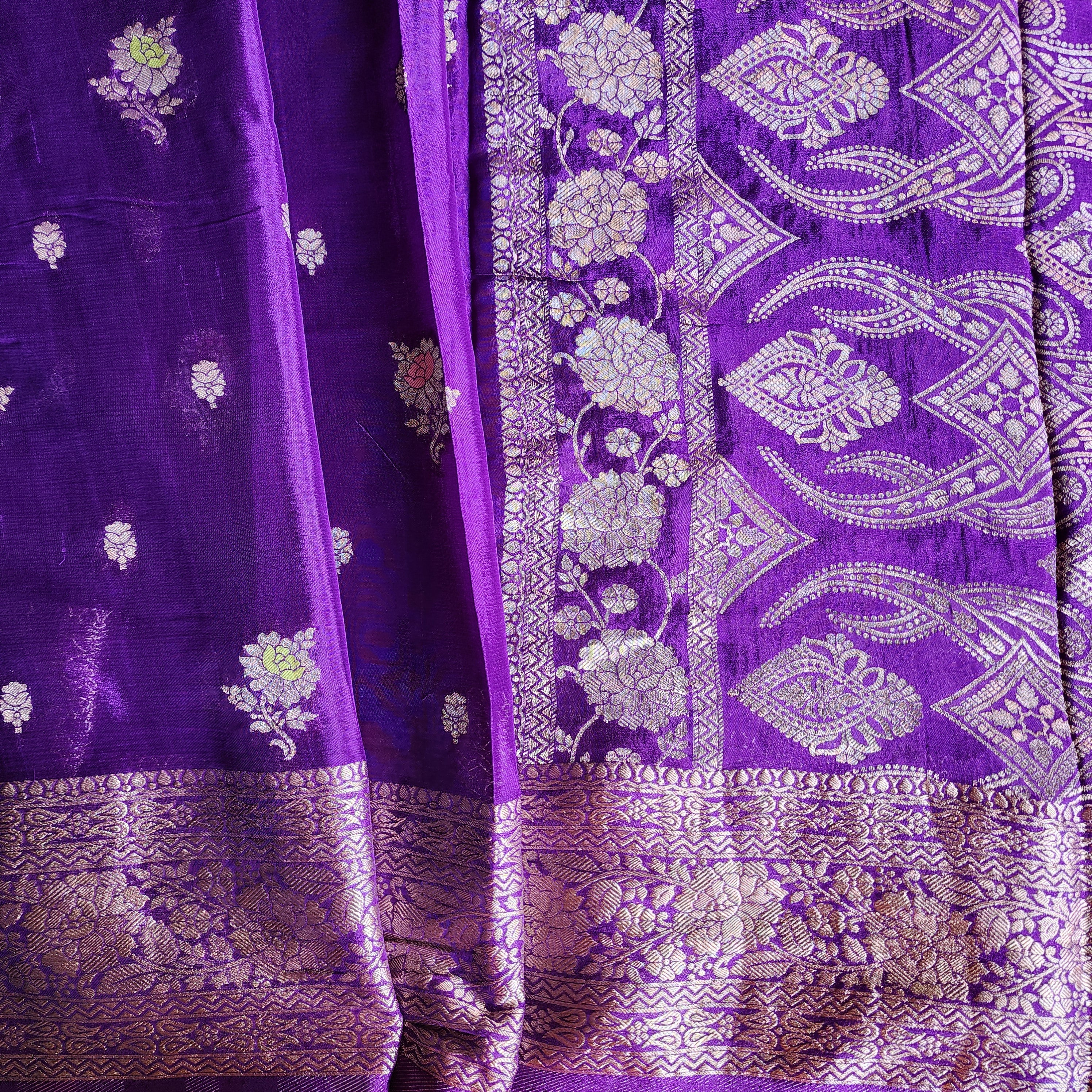 Royal Violet Pure Crepe Silk Saree with Gold Zari Border