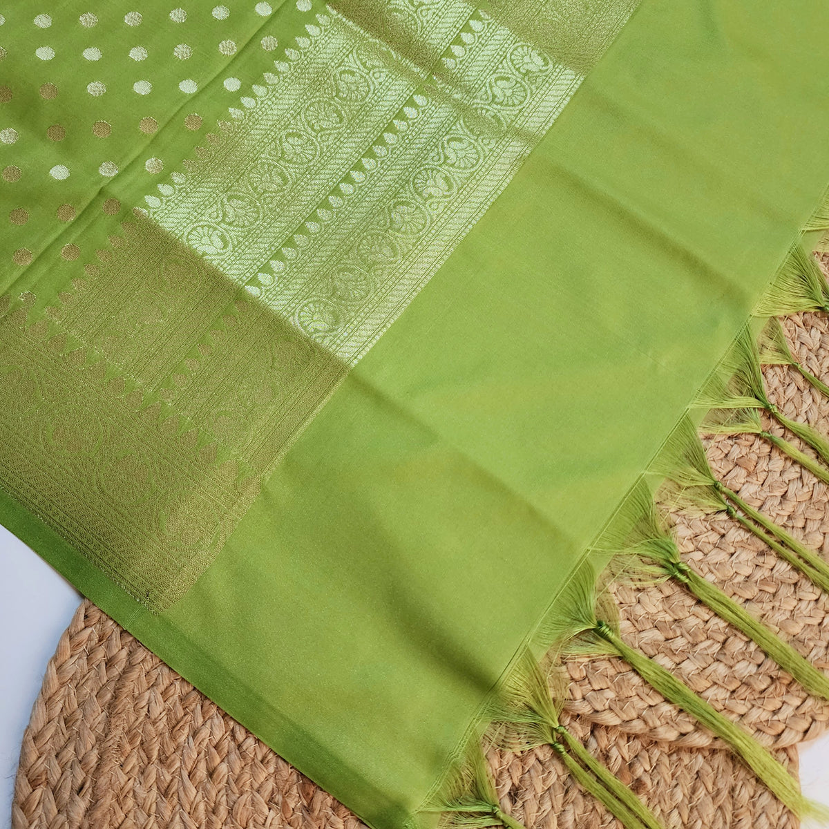 Lime Green Banarasi Silk Dupatta with Gold Polka Dot