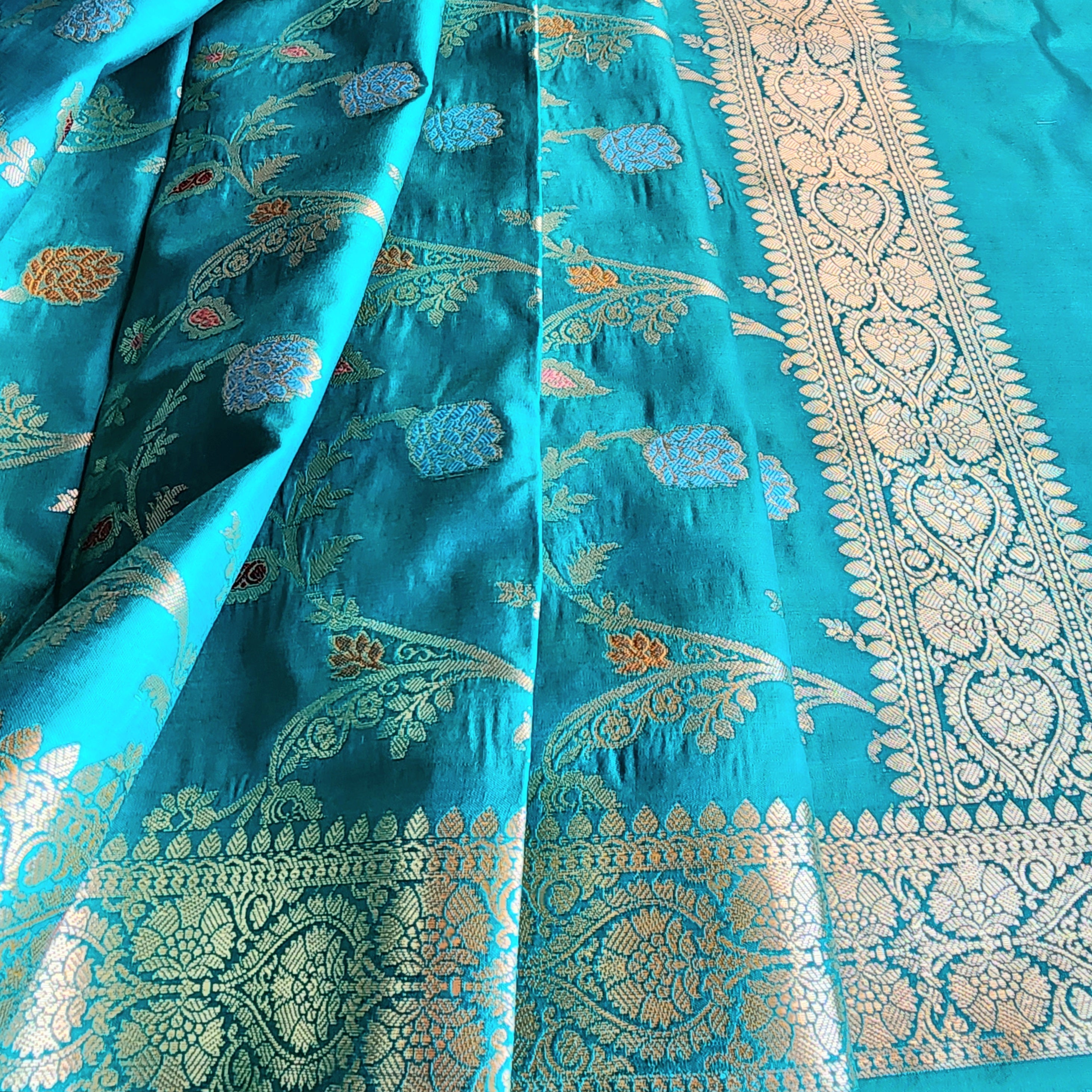 Teal Green Banarasi Silk Dupatta with Gold Zari Border & Multicolor Meenakari Work