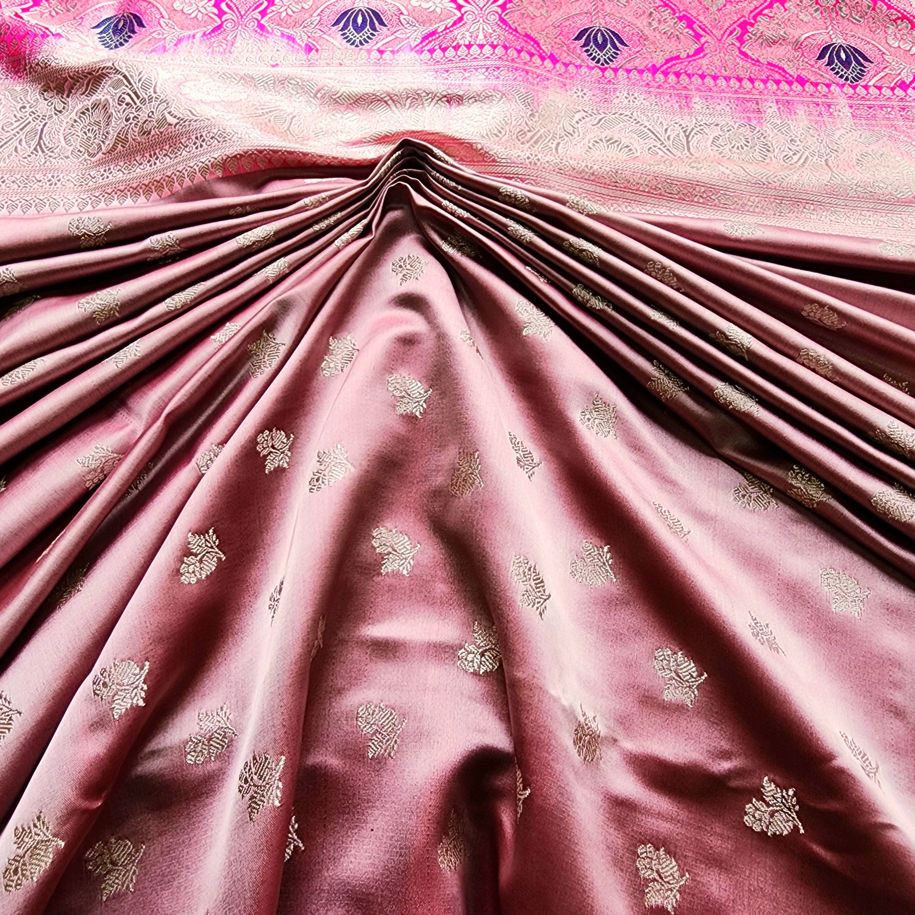 Dusty Mauve Pure Banarasi Katan Silk Saree with light Gold Zari Weaving