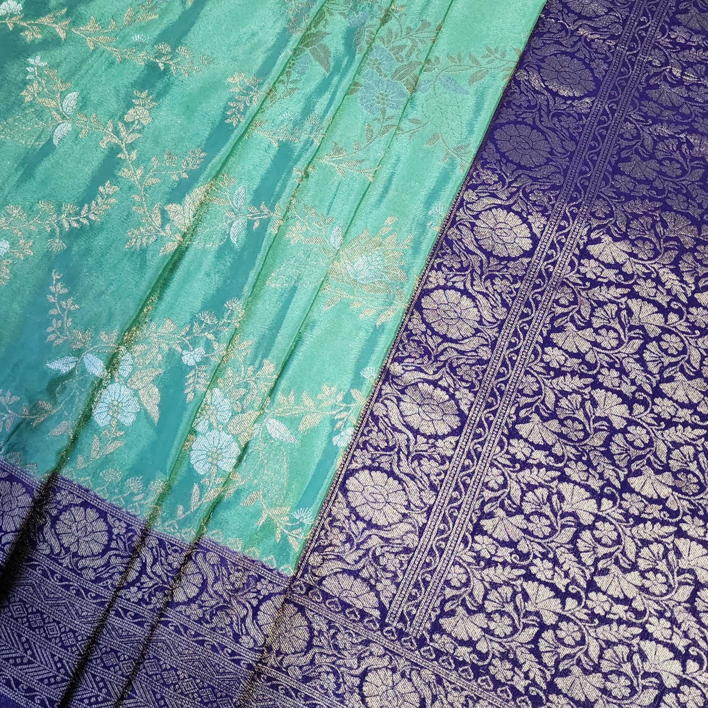 Mint Green Crepe Chiffon Saree with Violet Border