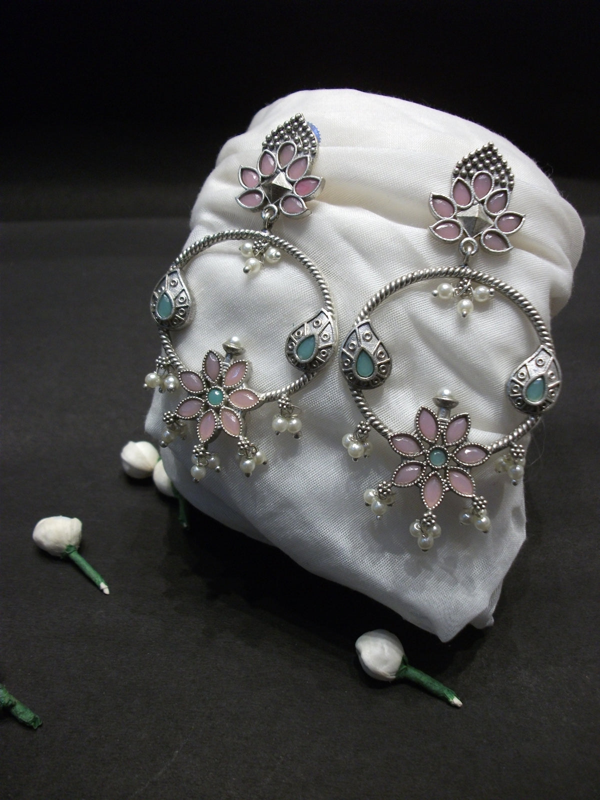 Antique Pastel Pink and Mint Flower Motif Chandbali Hoops