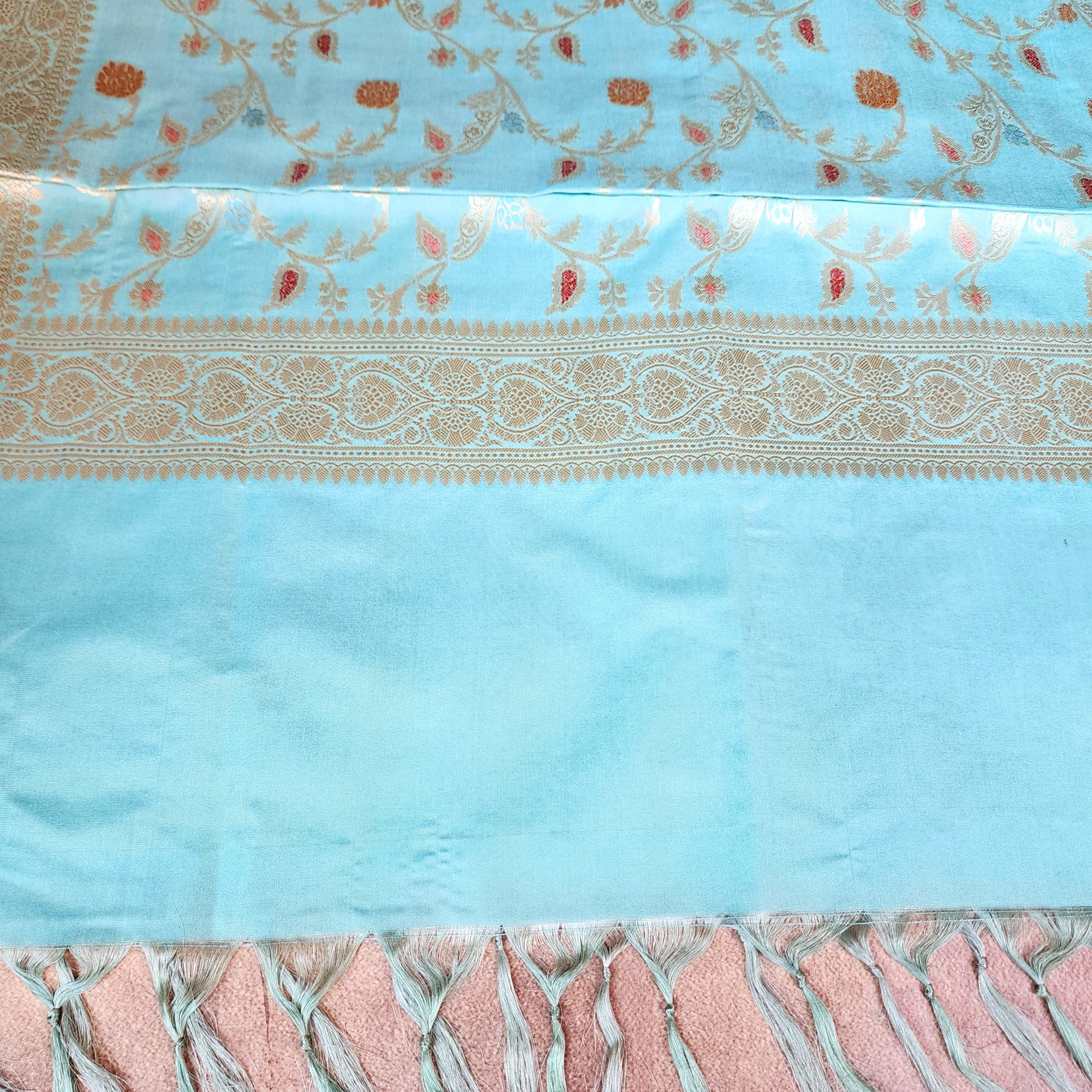 Pastel Sky Blue Banarasi Silk Dupatta with Gold Zari Border & Multicolor Meenakari Work
