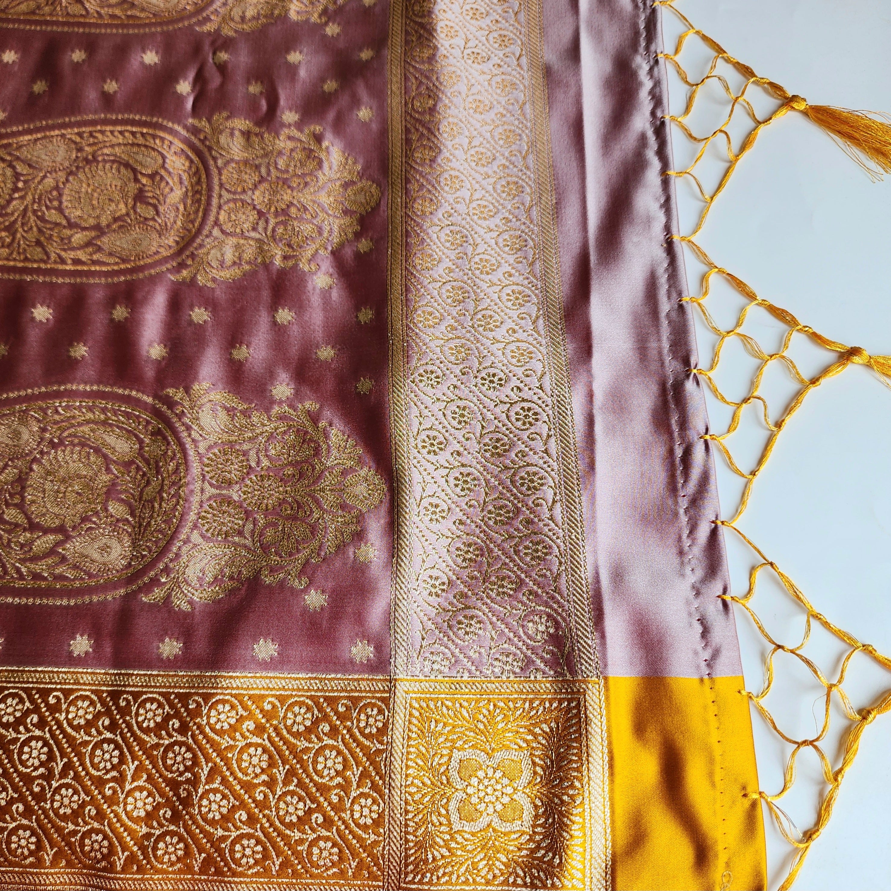 Dusty Rose Katan Silk Saree with Mustard Yellow Gold Zari Border