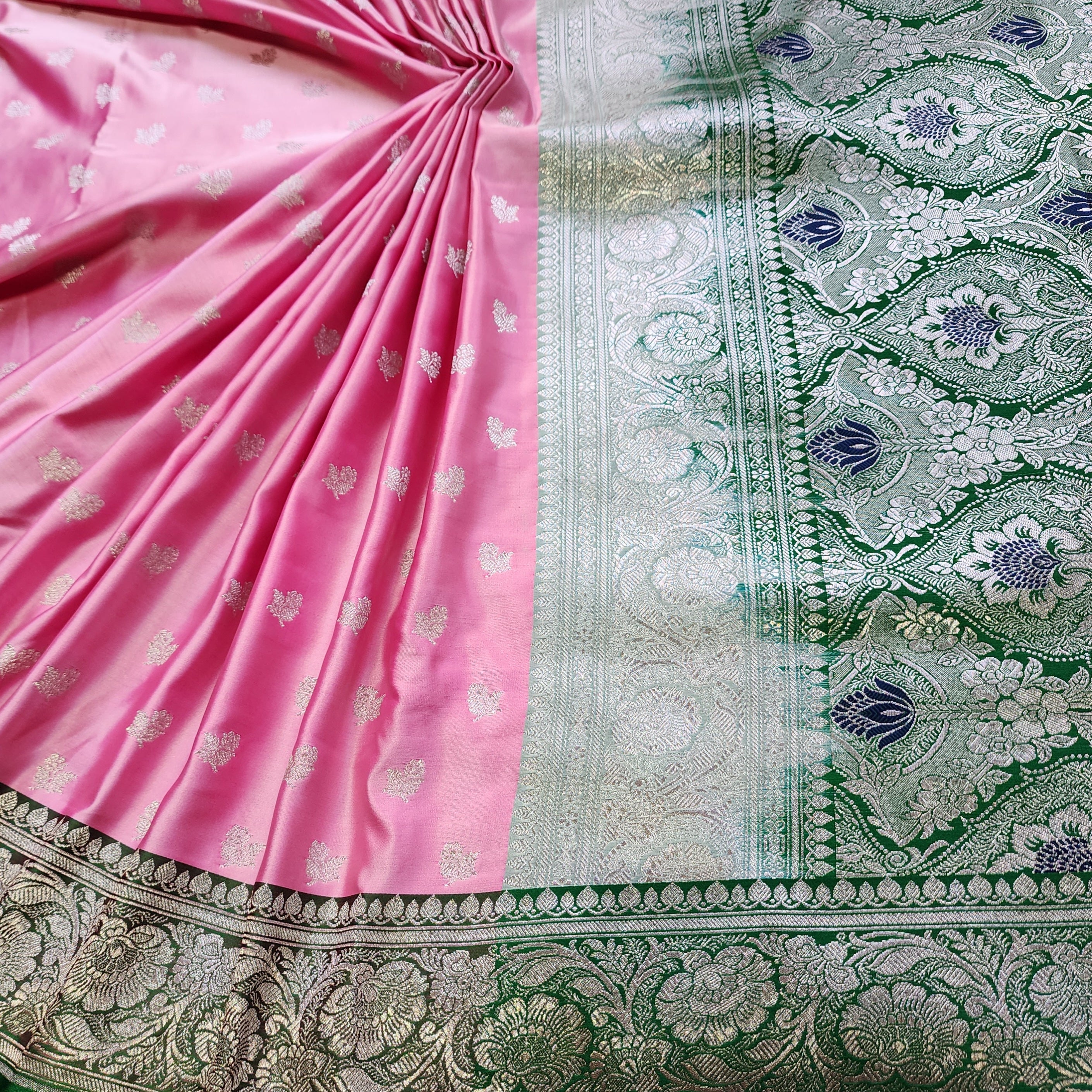 Rose Pink Pure Banarasi Katan Silk Saree with light Gold Zari Weaving