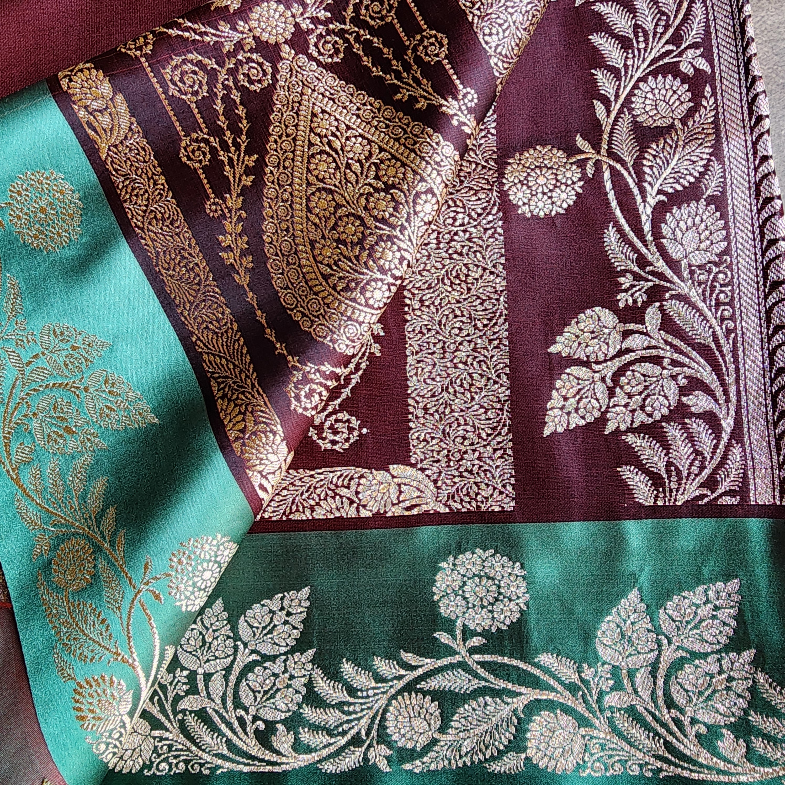 Chocolate Brown Pure Banarasi Katan Silk Saree with Sea Green Border