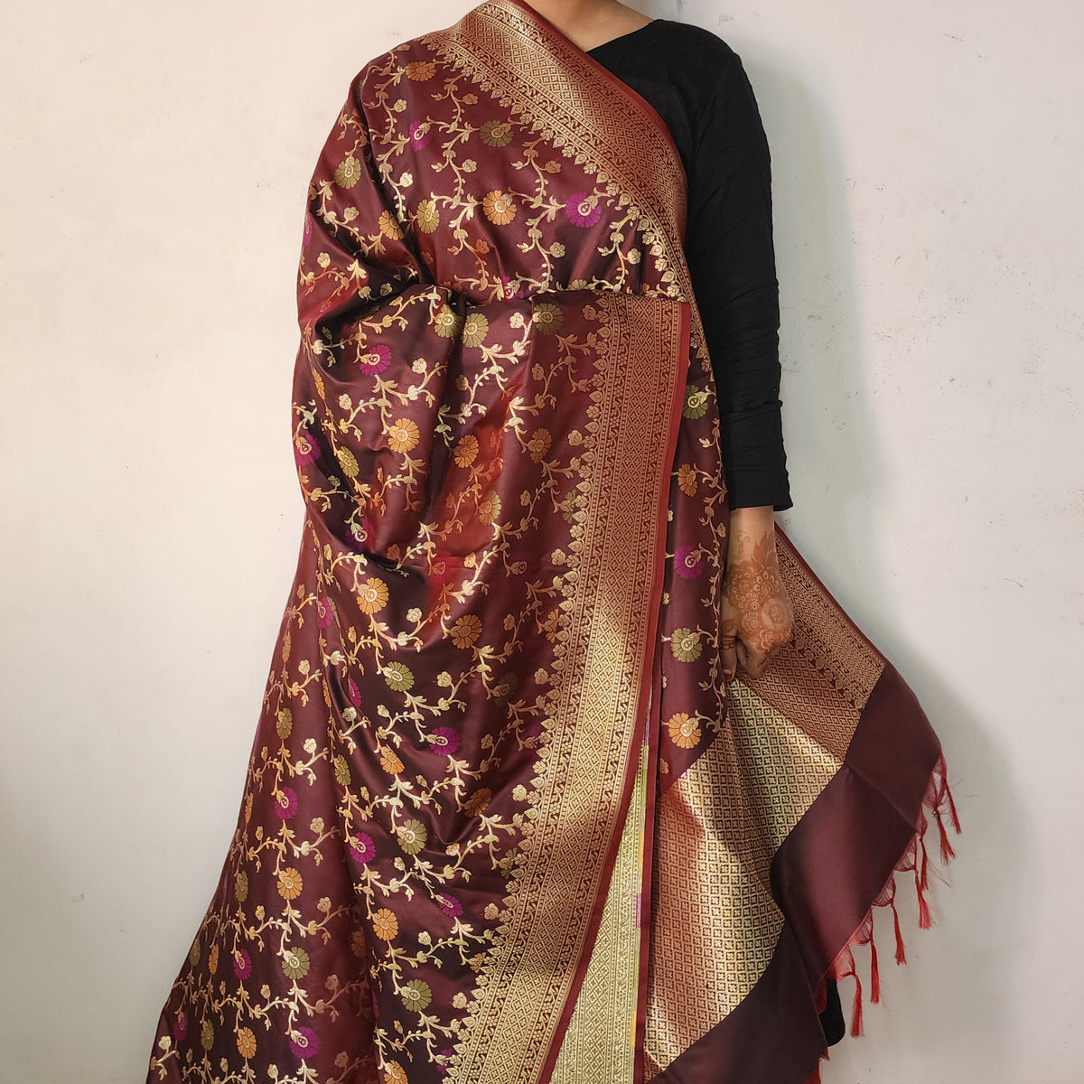 Banarasi Silk Floral Jaal Dupatta - Deep Burgundy