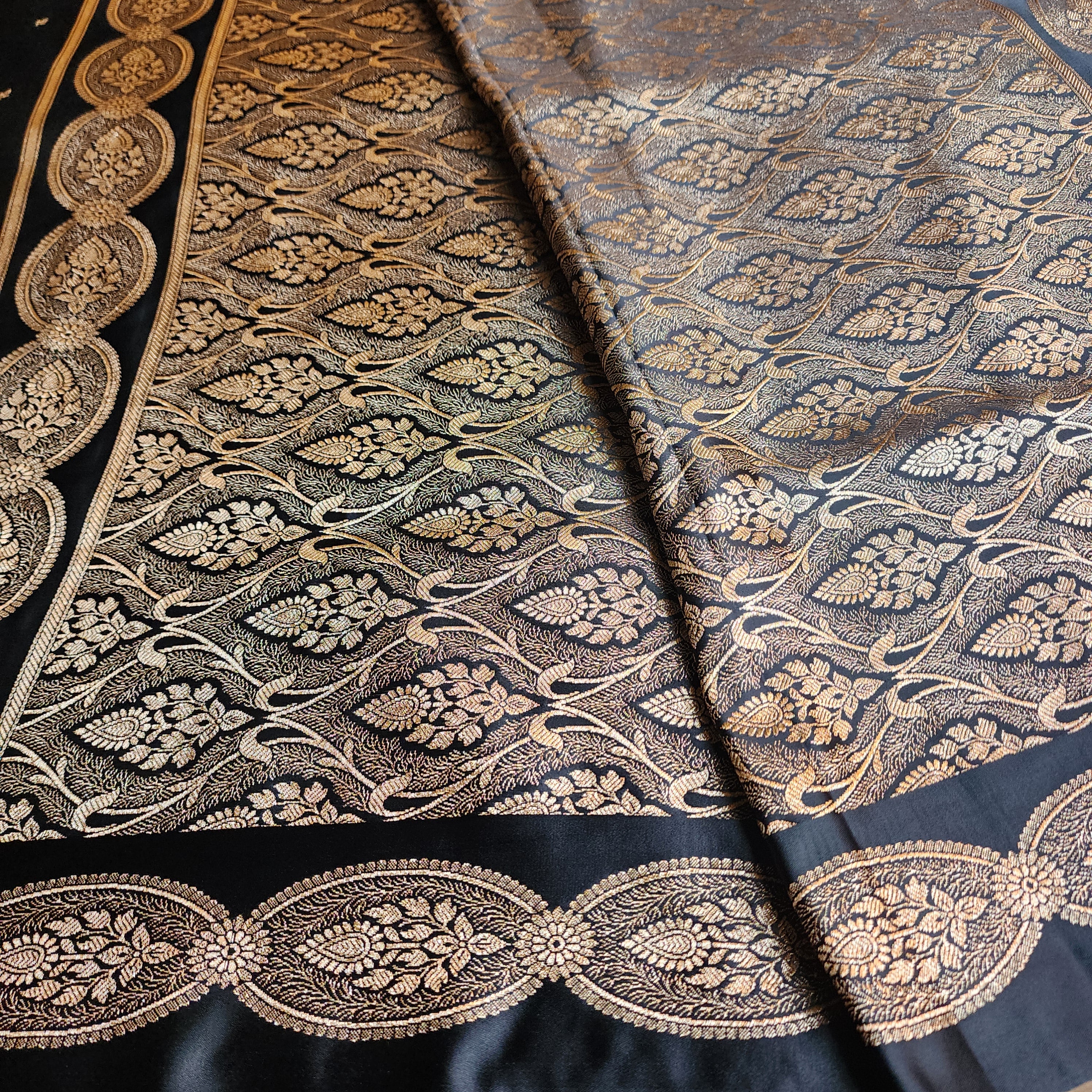 Black Pure Banarasi Katan Silk Saree with Gold Zari Weaving