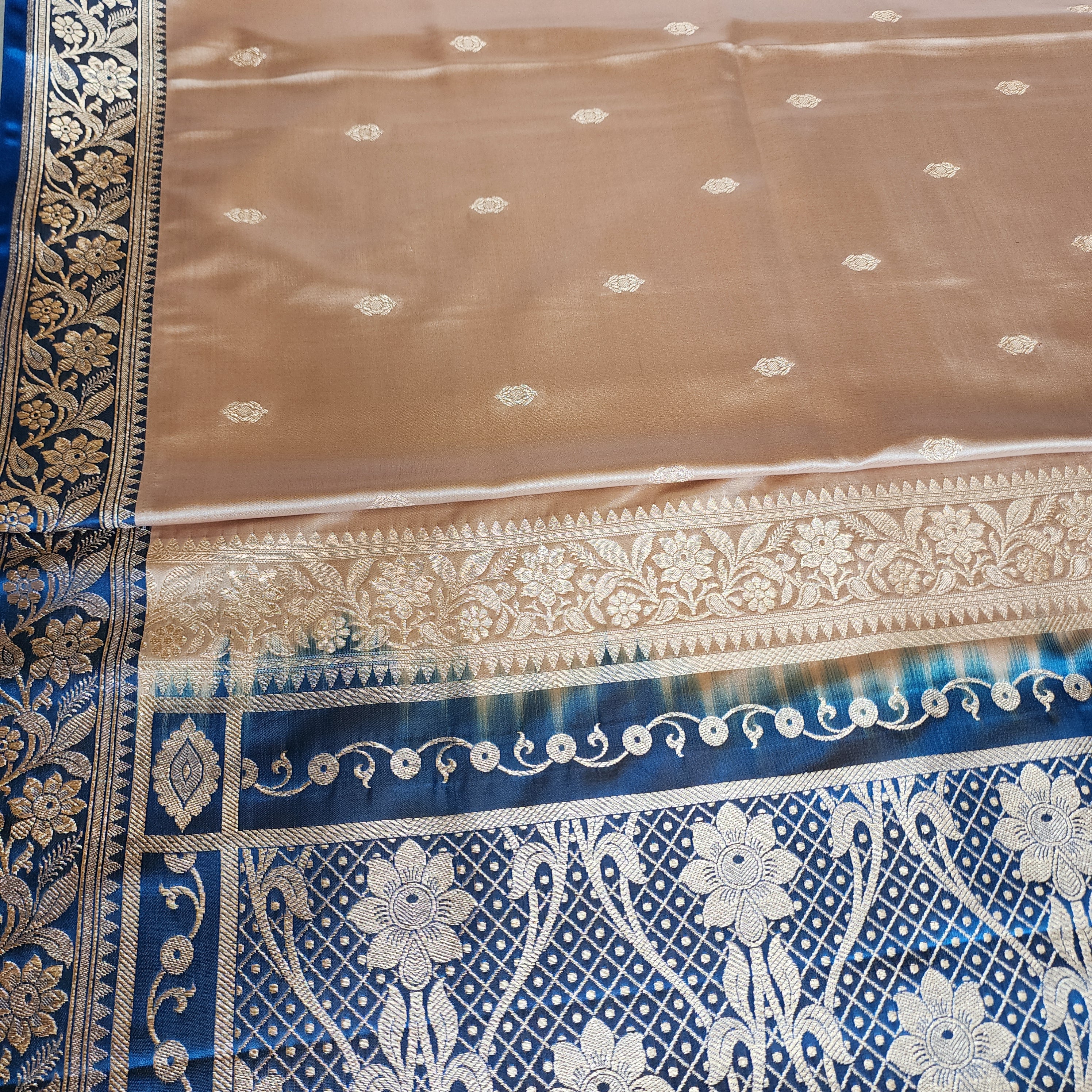 Champagne Beige Katan Silk Saree with Royal Blue and Gold Zari Border