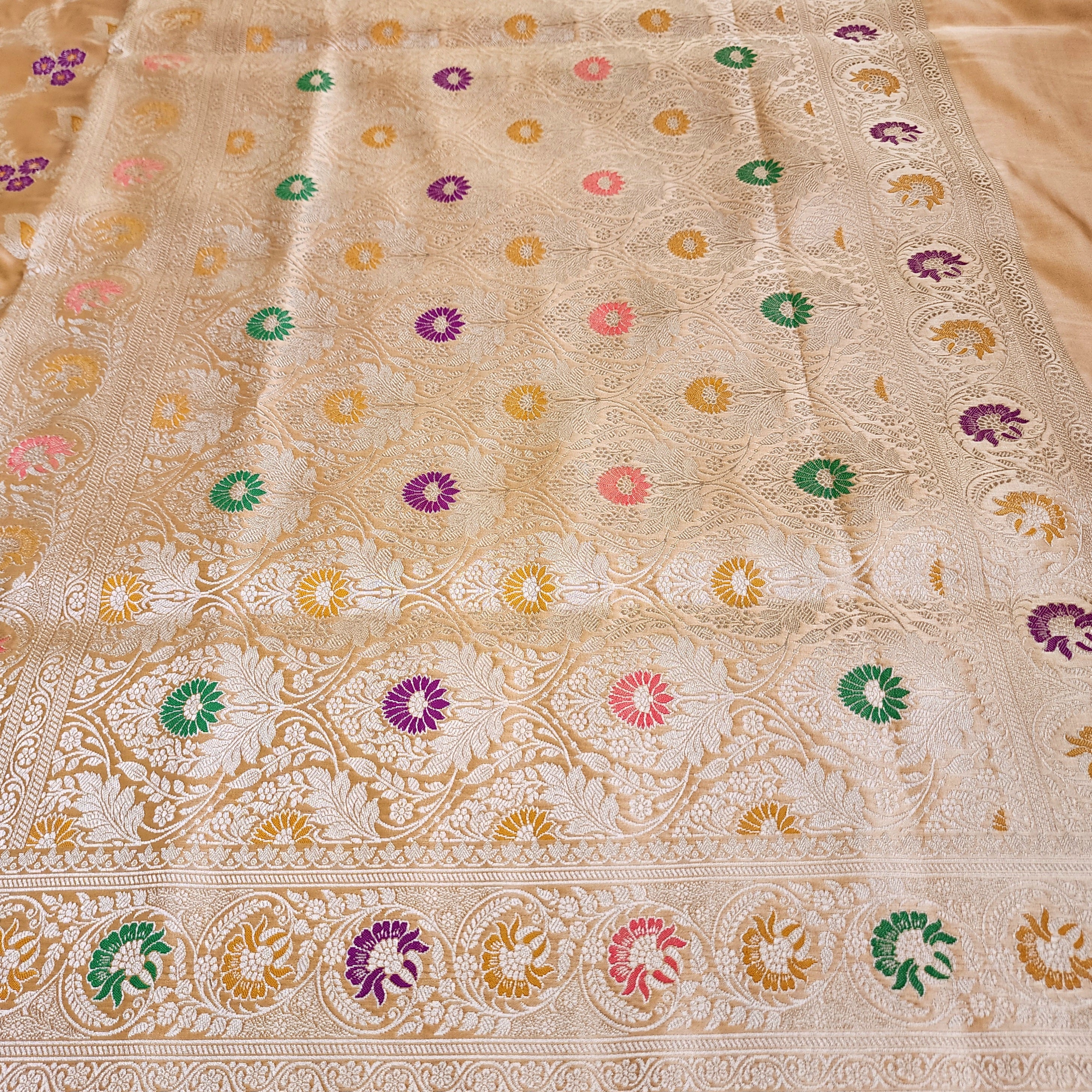 Enriched Dark Orange Banarasi Katan Silk Saree with Multicolor Meenakari Floral Jaal