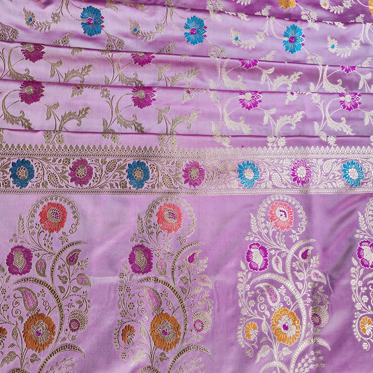 Enriched Banarasi Katan Silk Saree | Soft Lavender Pink Multicolor Meenakari Floral Jaal