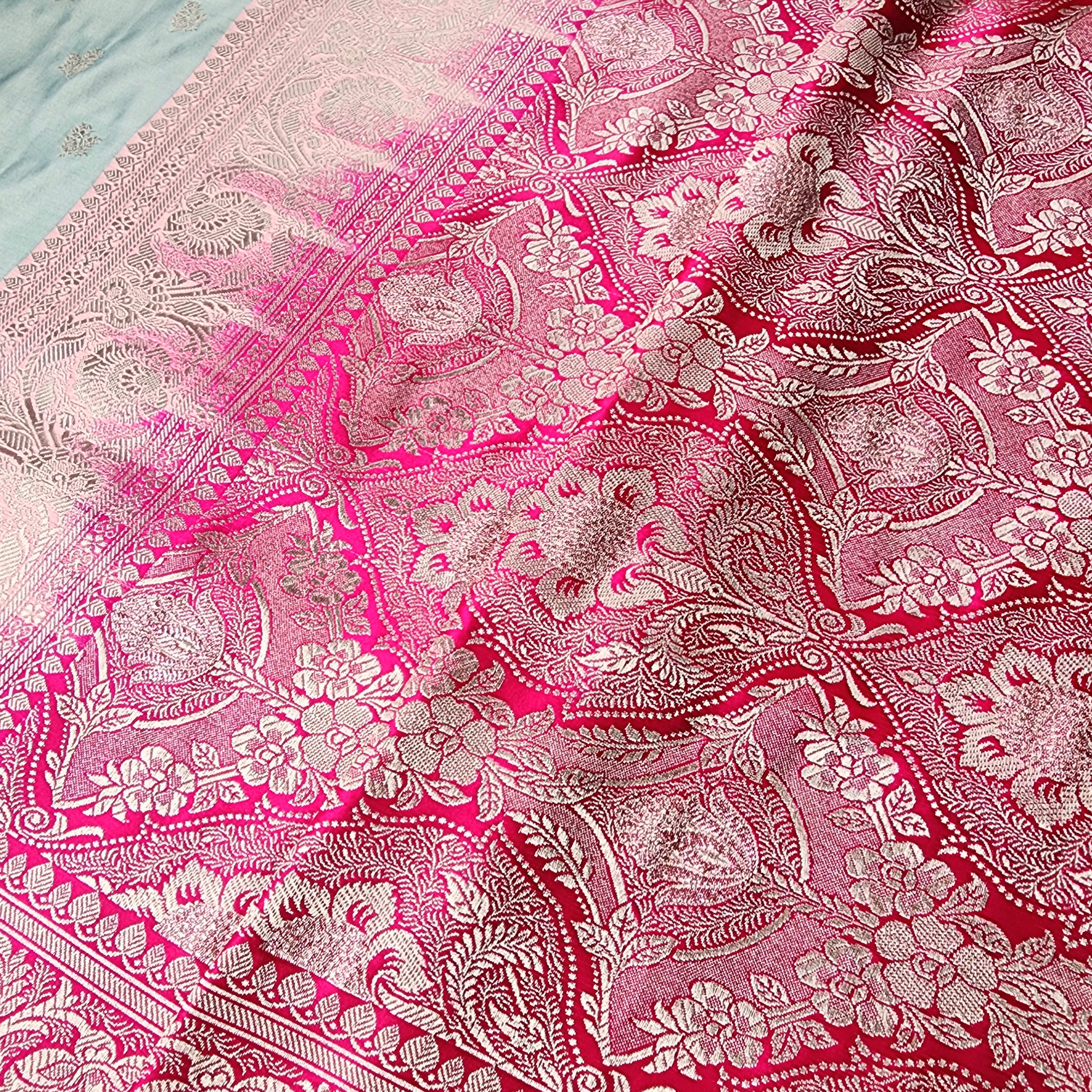 Pastel Aqua Blue Pure Banarasi Katan Silk Saree with light Gold Zari Weaving