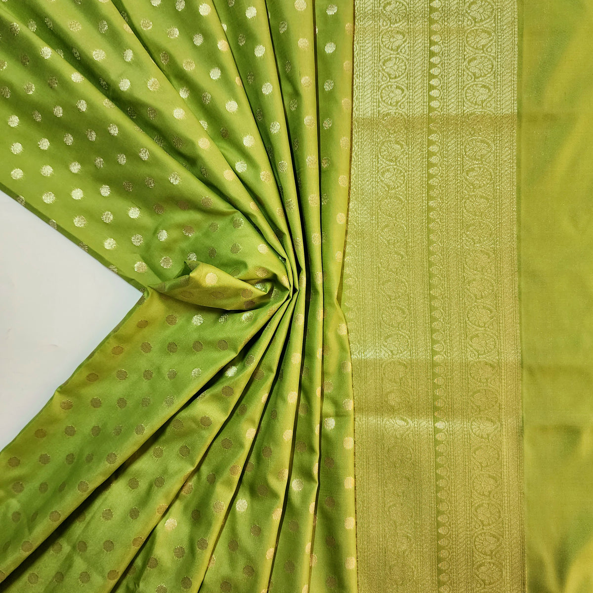 Lime Green Banarasi Silk Dupatta with Gold Polka Dot