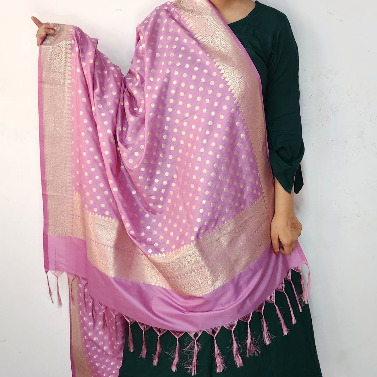 Mauve Pink Banarasi Silk Dupatta with Gold Polka Dot