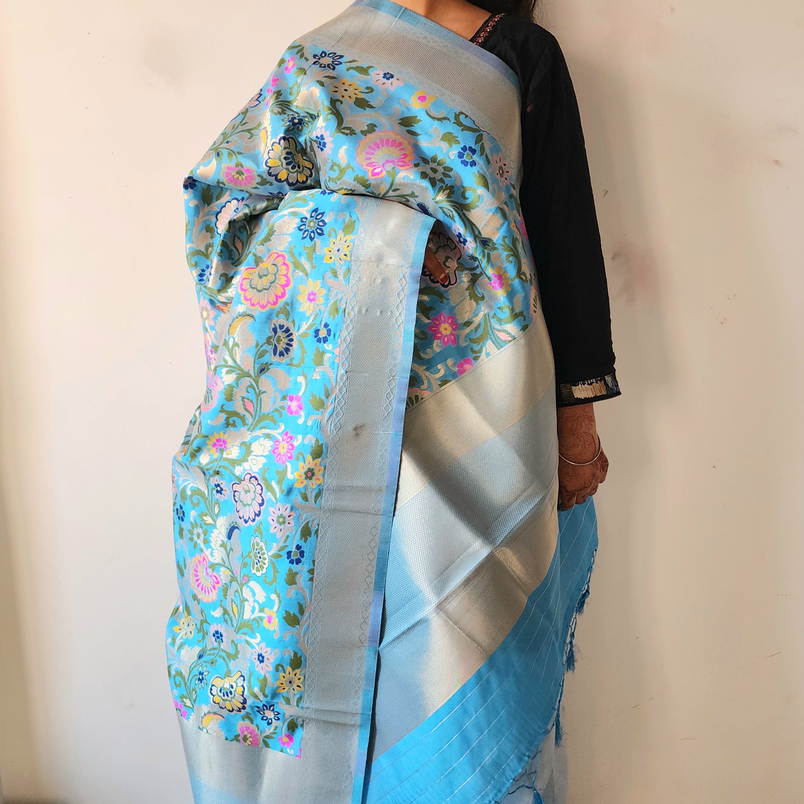 Banarasi Silk Sky Blue Dupatta with Multicolor & Gold Floral Handweaving