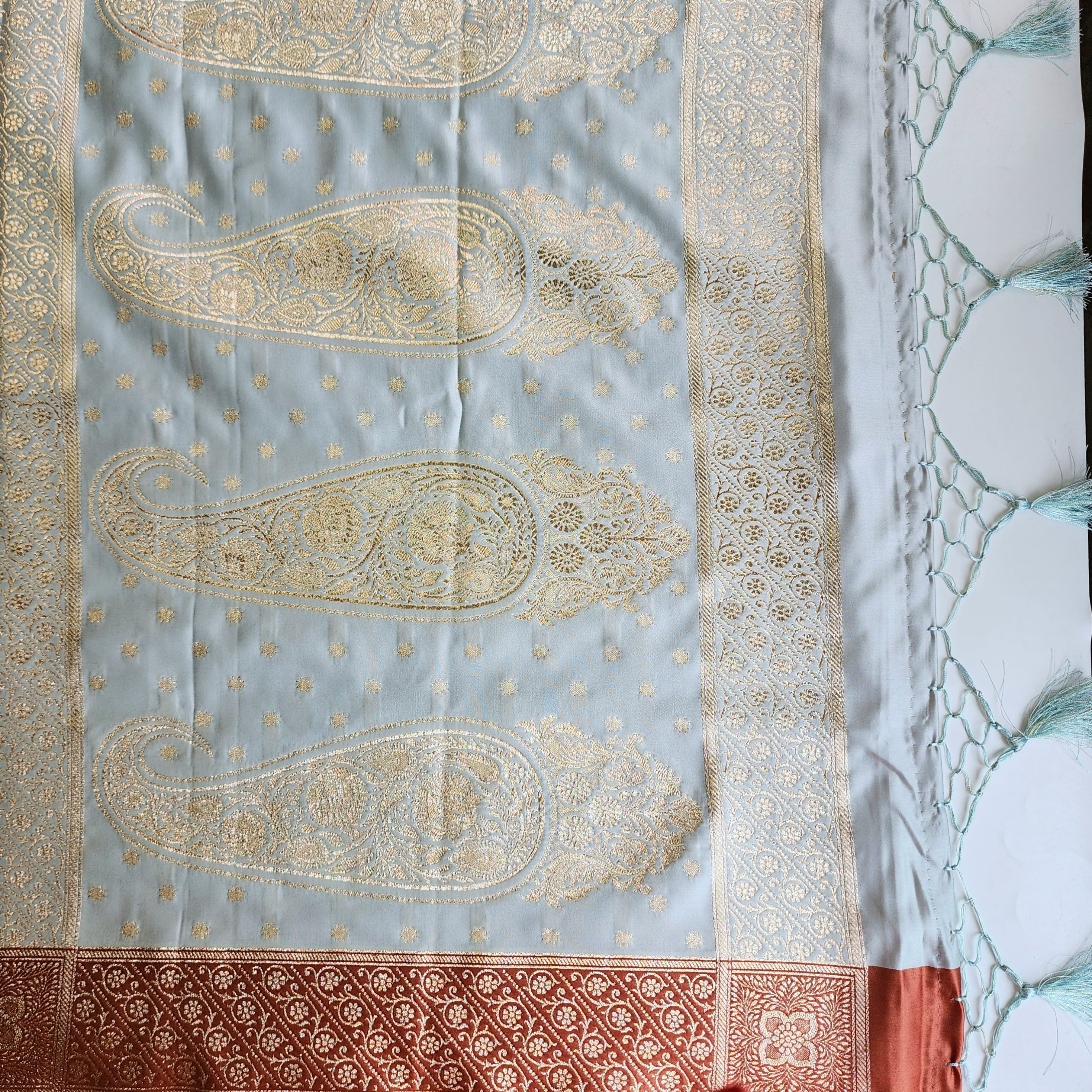 Ice Blue Katan Silk Saree with Peach Beige Gold Zari Border