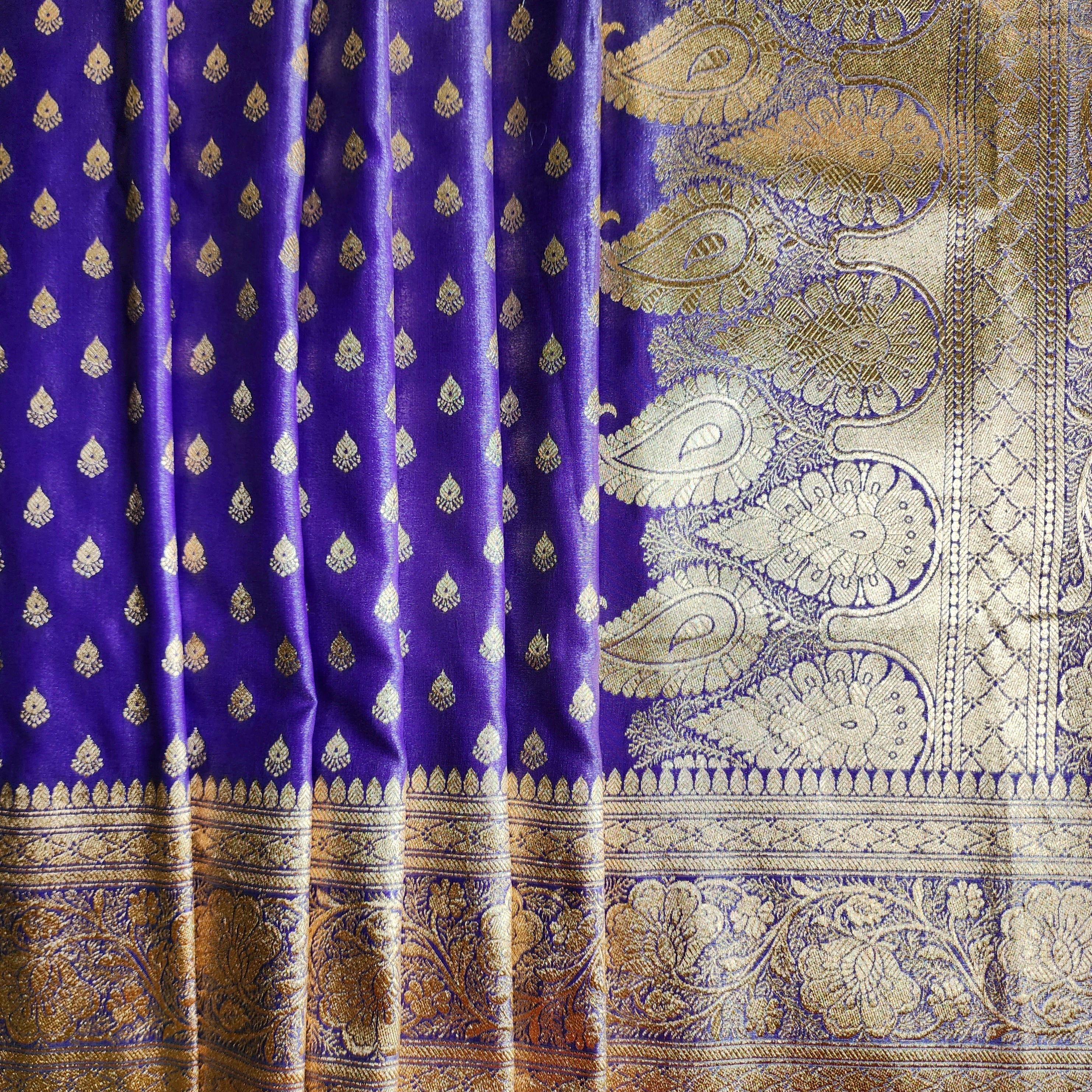 Rich Indigo Purple Banarasi Silk Saree with Gold Zari Weaving