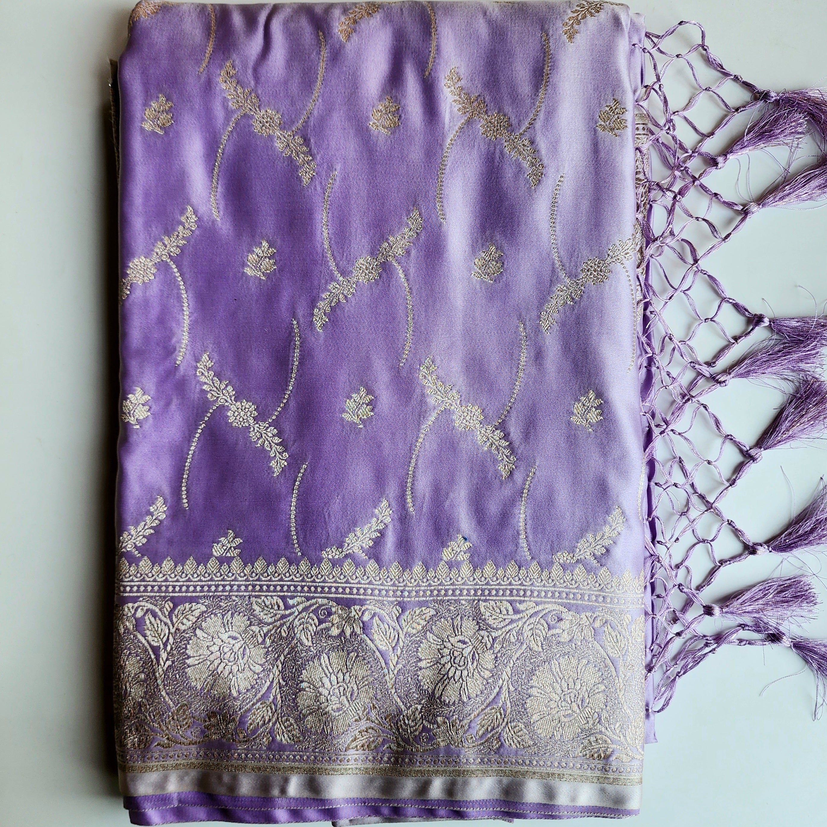 Pastel Lavender Grey Banarasi Katan Silk Saree with Light Gold Zari weaving