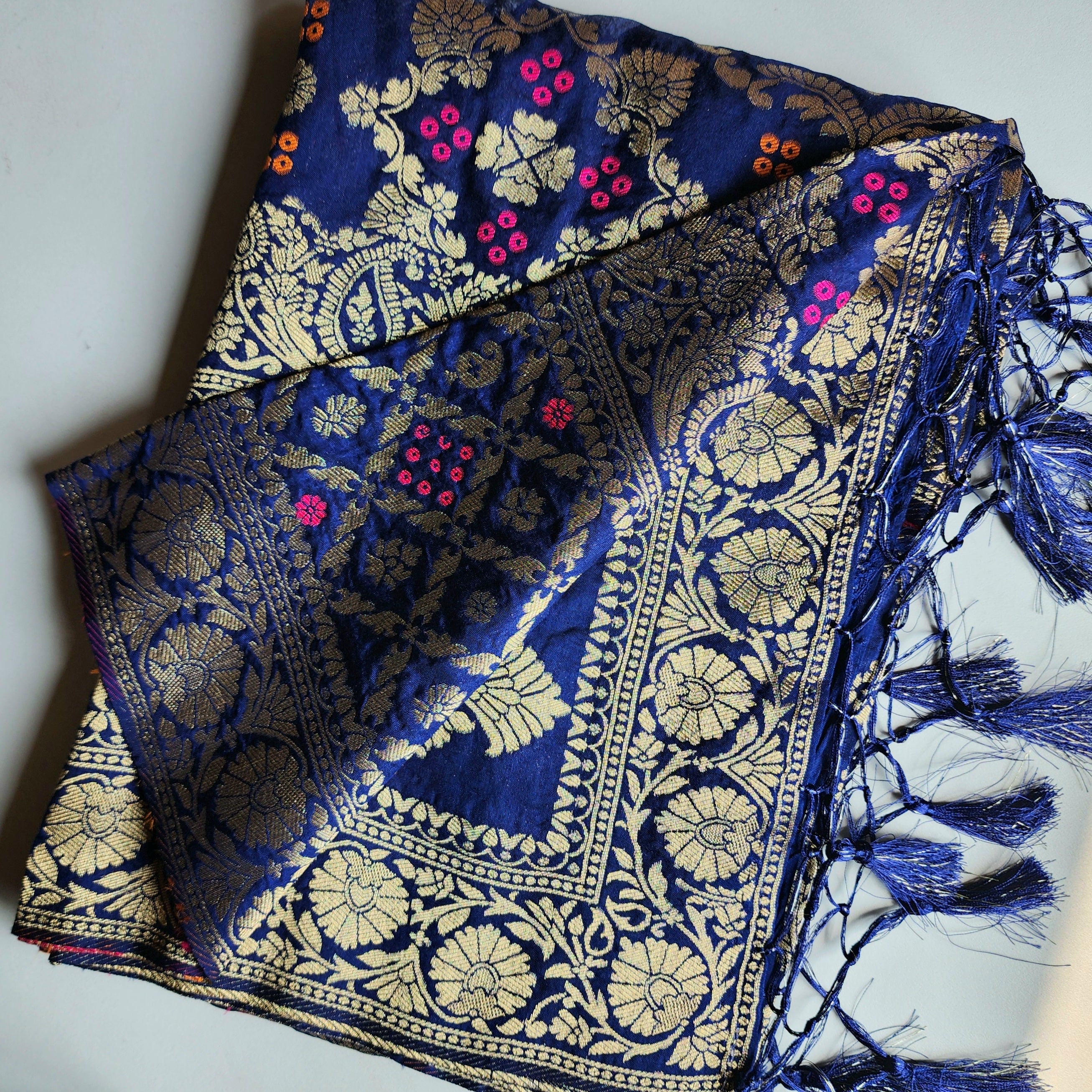 Royal Navy Blue Bandhani Dupatta with Floral and Geometric Zari Weave