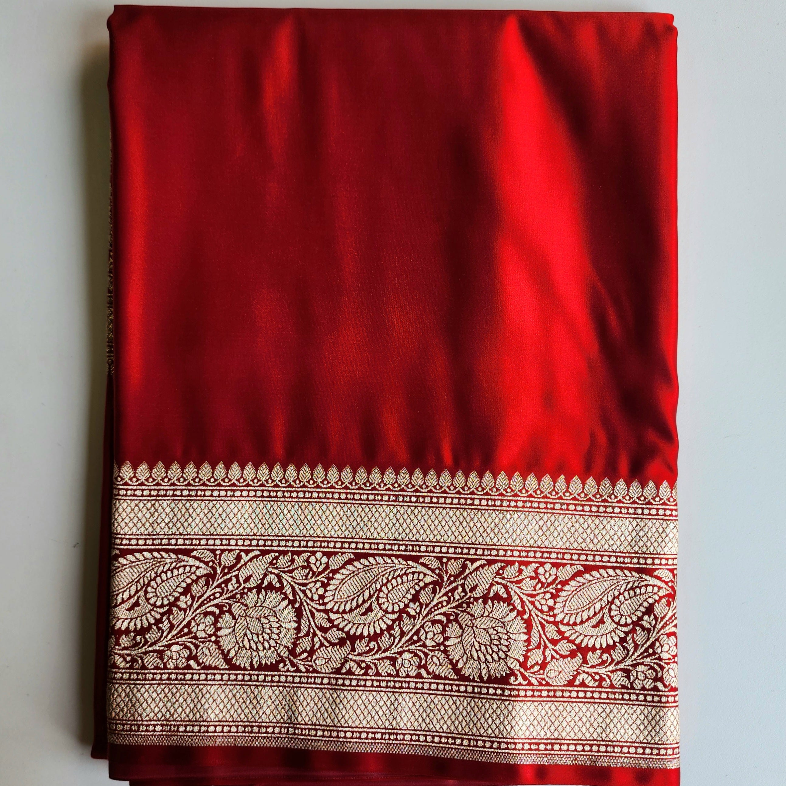 Rich Ruby Red Pure Banarasi Katan Silk Saree with light Gold Zari Weaving
