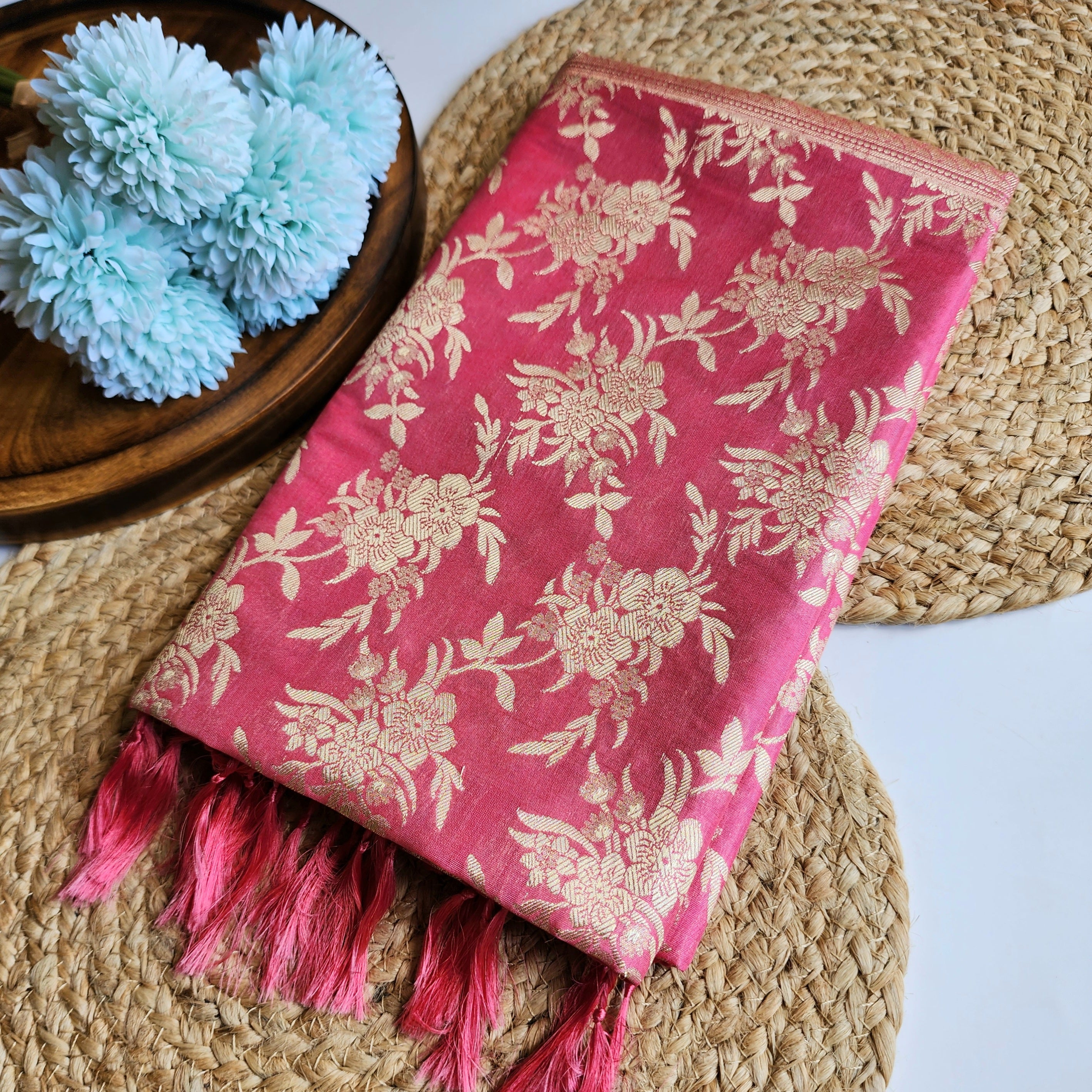 Cerise Pink Banarasi Dupatta - Floral Brocade Zari