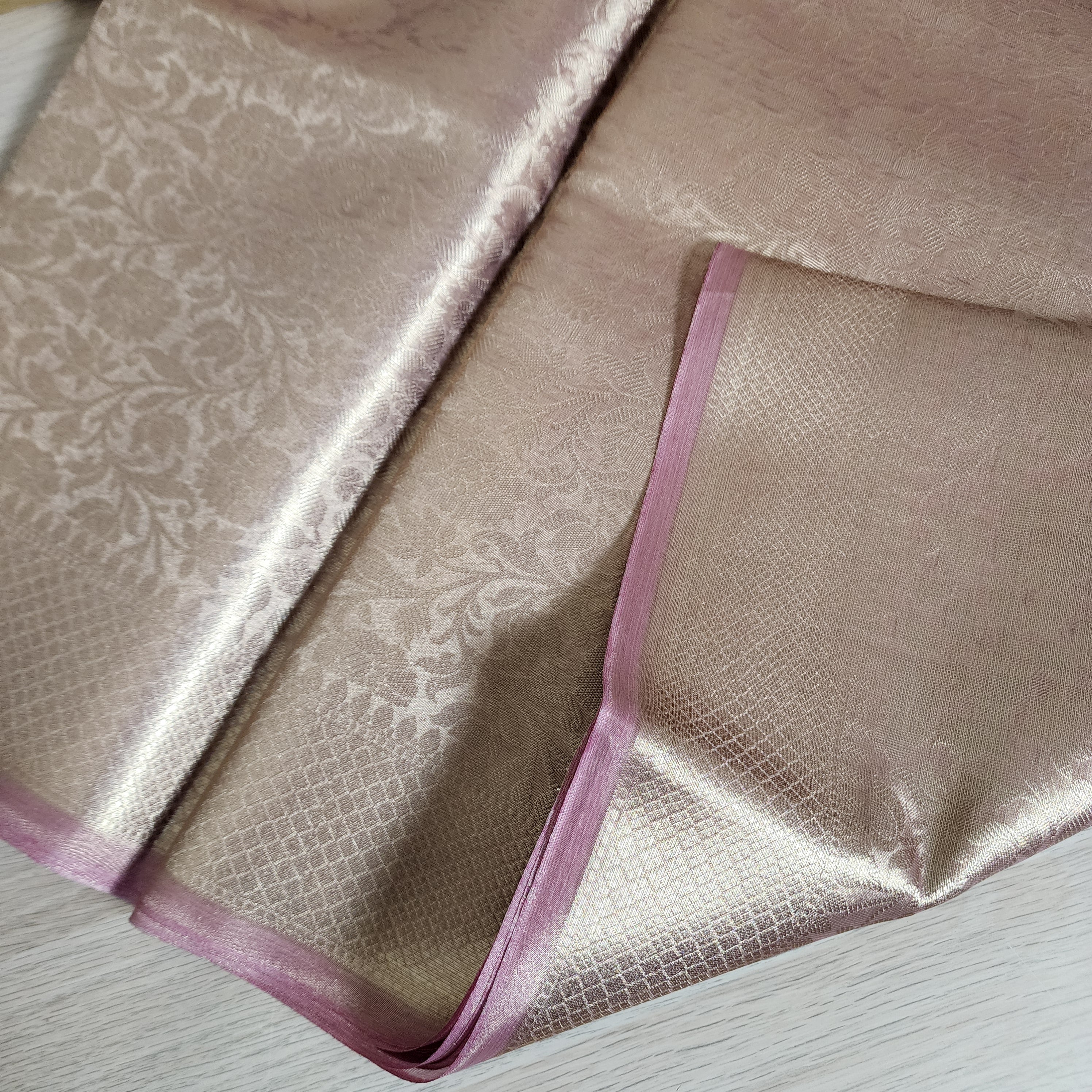 Temple Gold Kanjivaram Style Tissue Silk with Blush Pink Border
