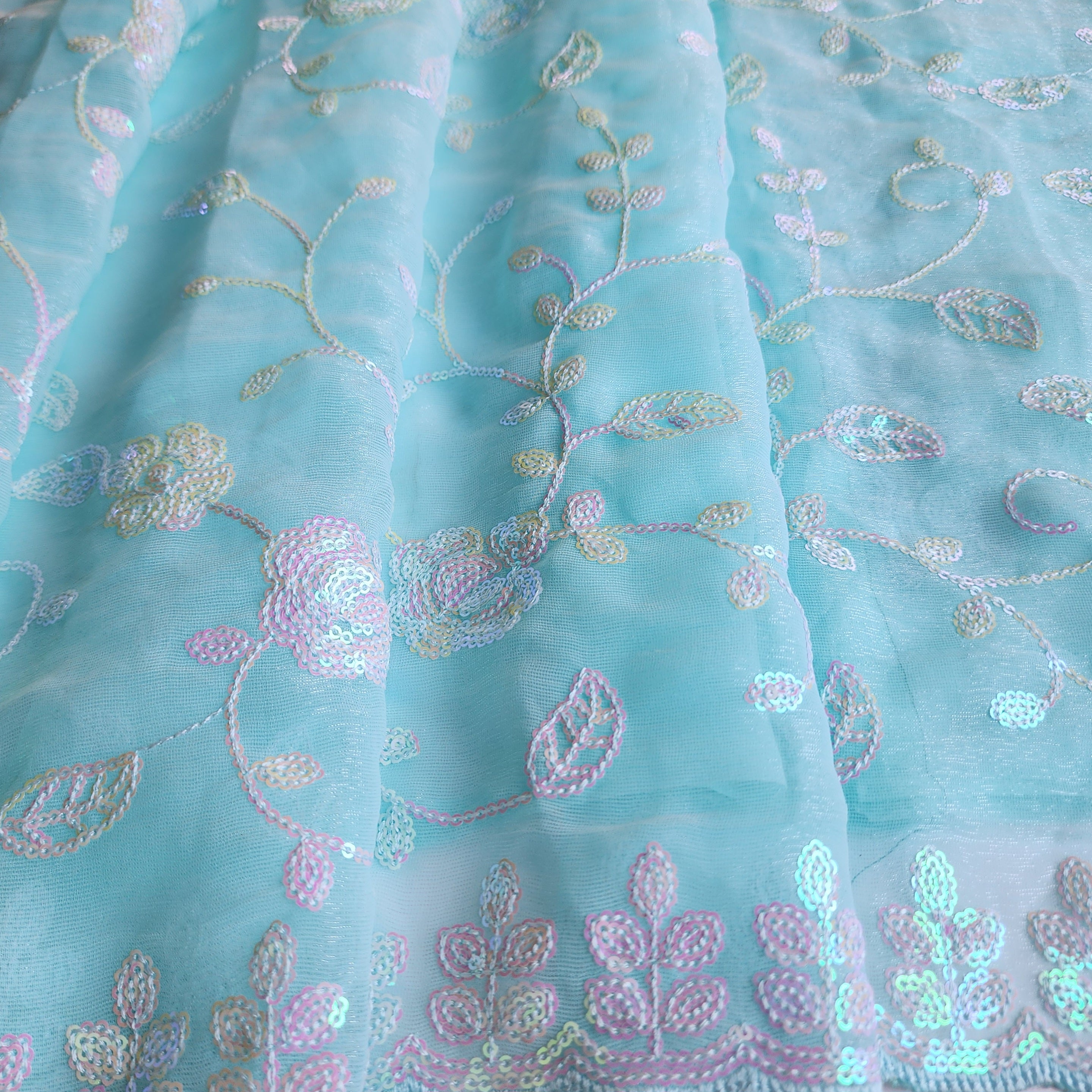 Georgette Designer Sequinned Saree - Mint Aqua