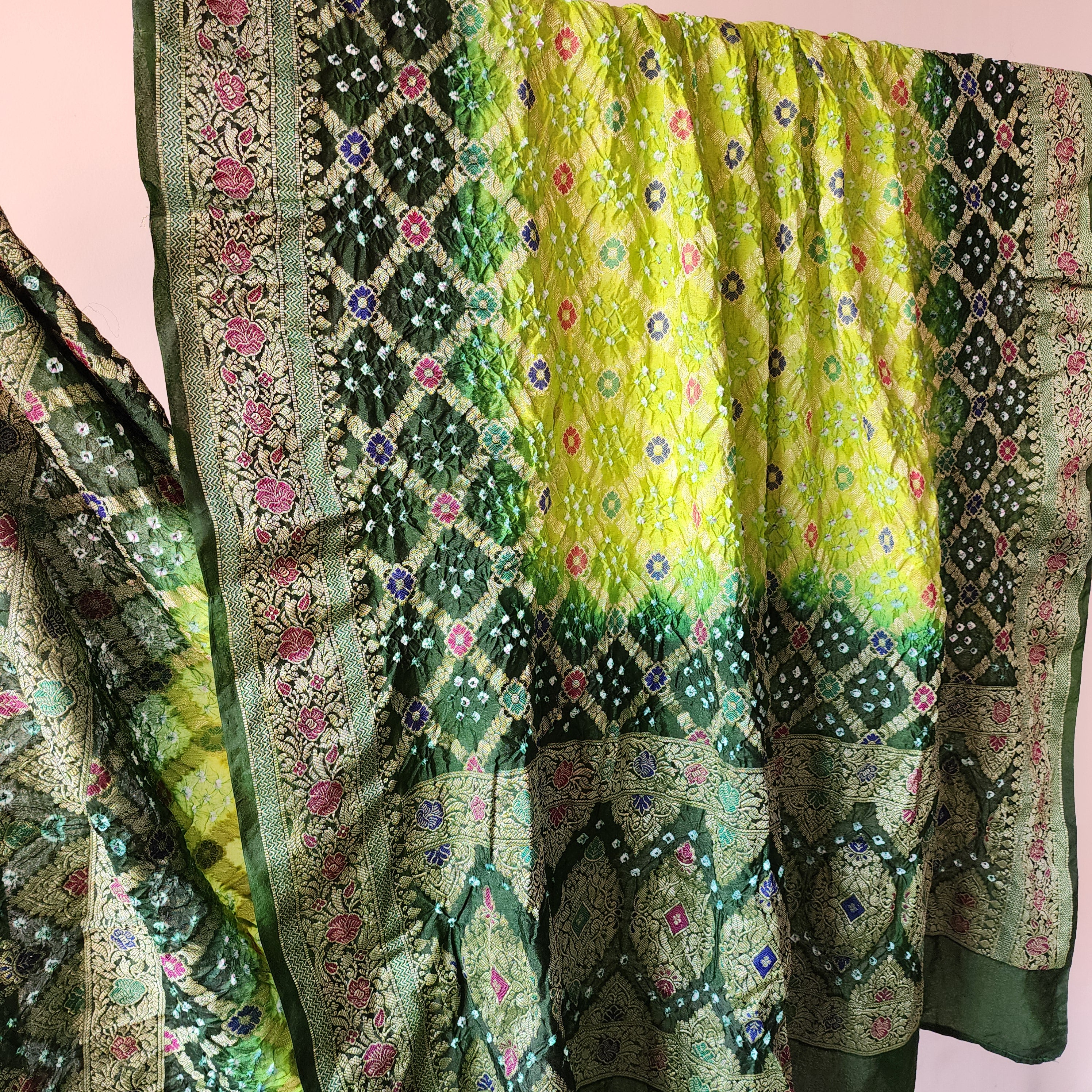 Dual-Tone Green Bandhni Dupatta with Golden Border & Banarasi Meenakari Work