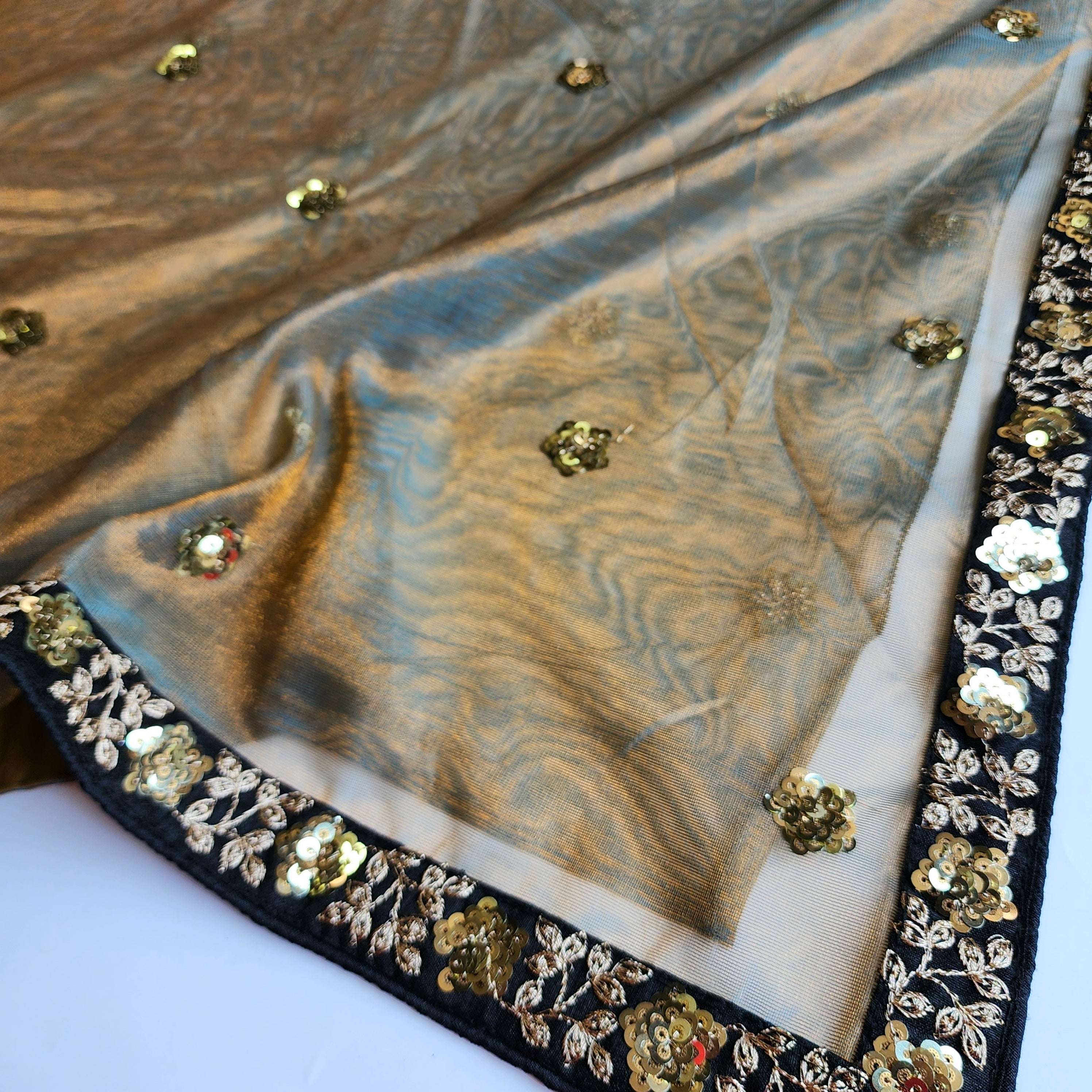 Olive Green Designer Net Saree with Heavy Embroidery Border
