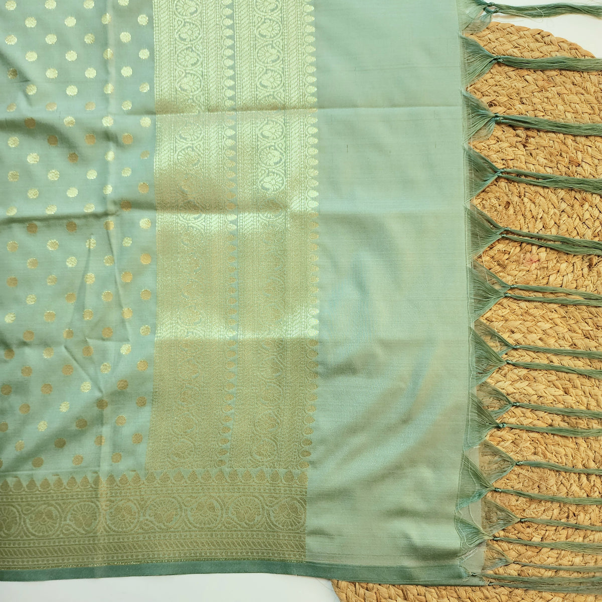 Aqua Blue Banarasi Silk Dupatta with Gold Polka Dot
