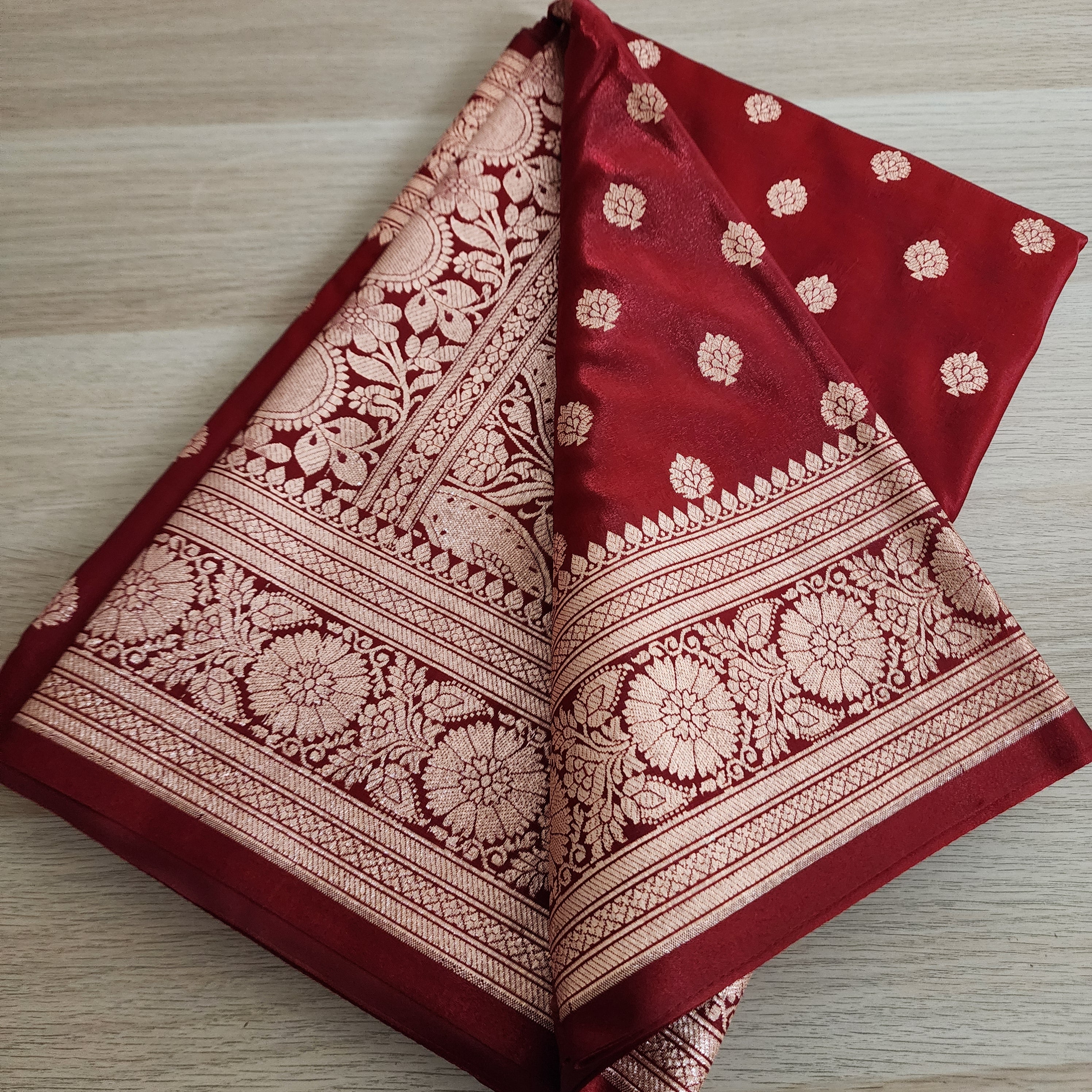 Royal Maroon Red Banarasi Silk Saree with Golden Zari Weave