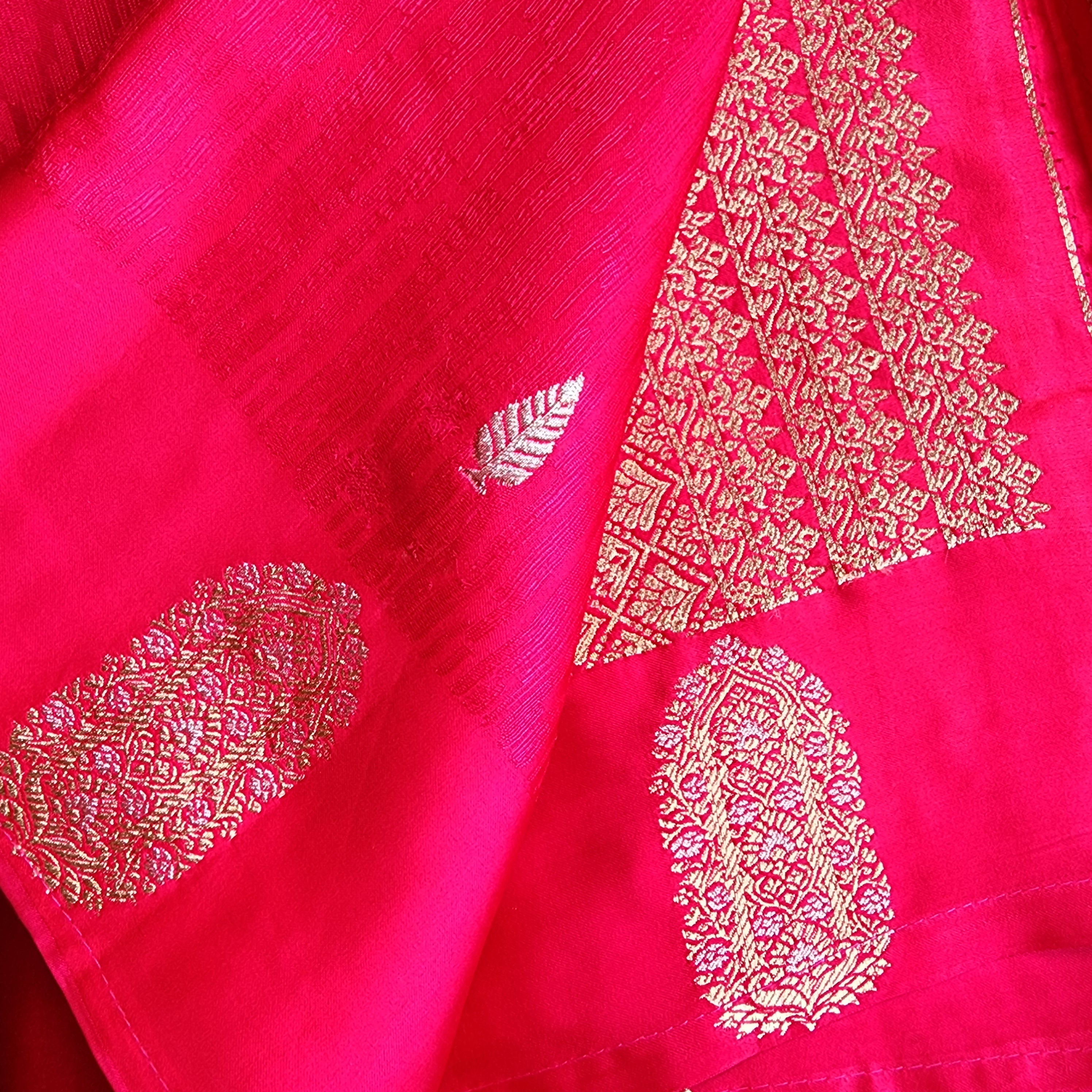 Bright Rani Pink Mashru Tanchoi Saree with Gold Zari
