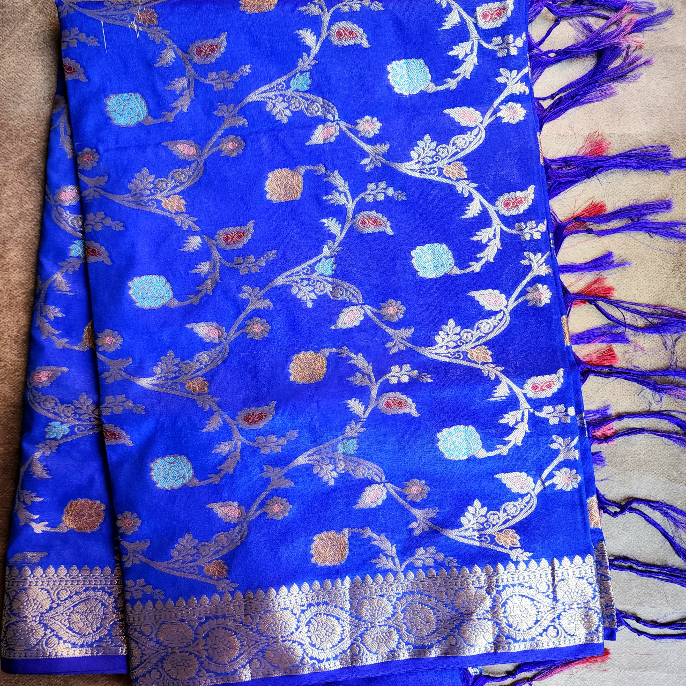 Royal Blue Banarasi Silk Dupatta with Gold Zari Border & Multicolor Meenakari Work