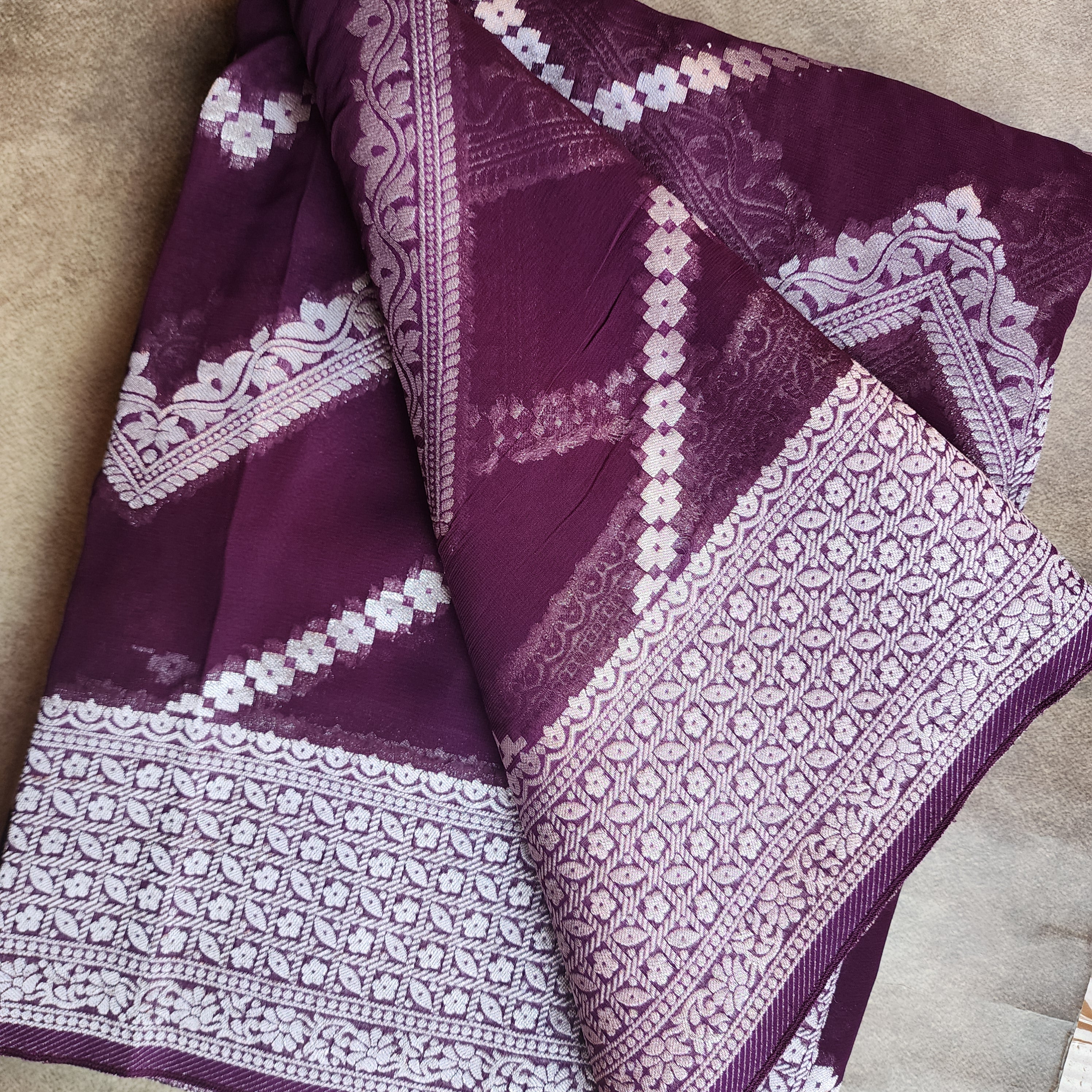 Dark Purple Khaddi Georgette Pure Banarasi Saree with Silver Zari