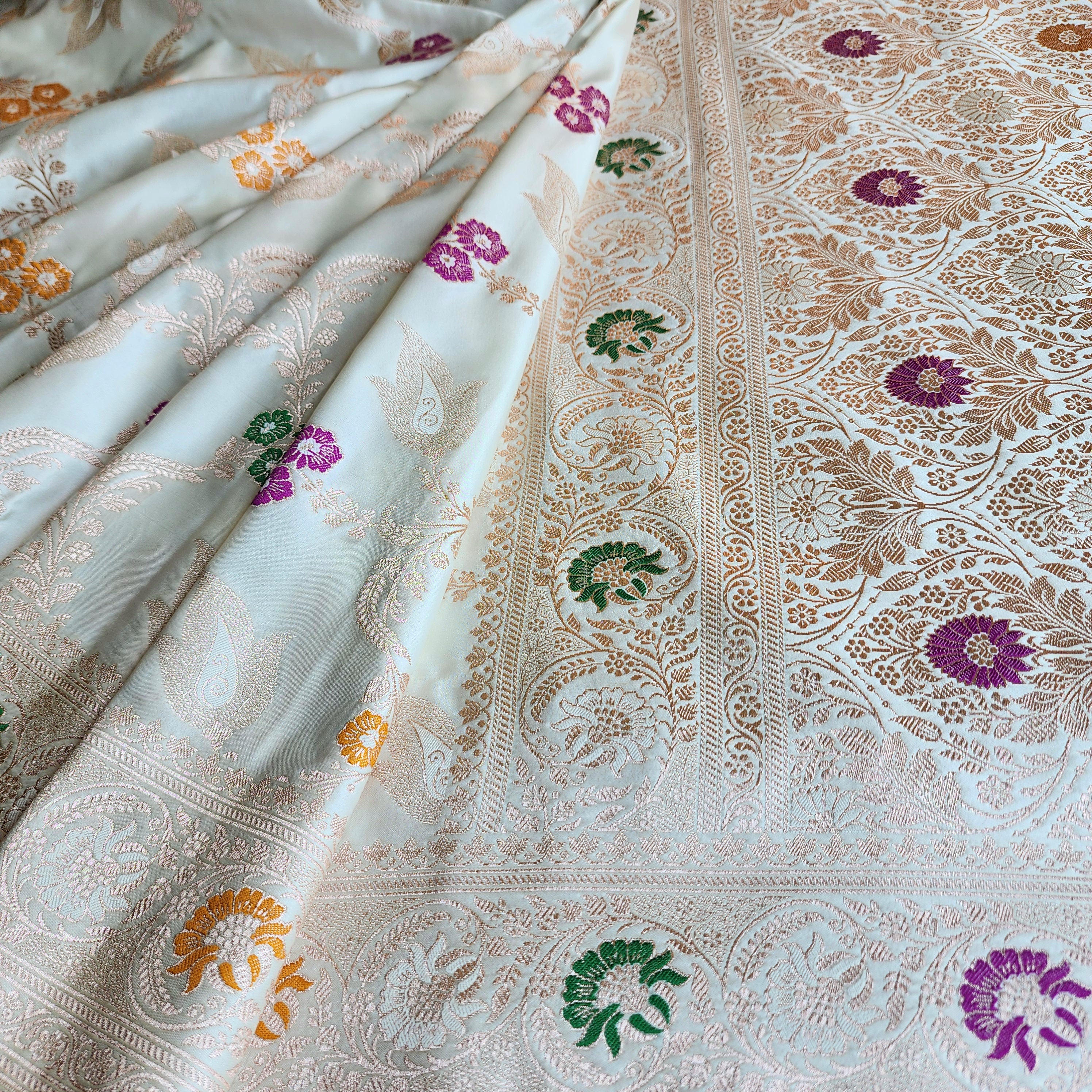 Enriched White Banarasi Katan Silk Saree with Multicolor Meenakari Floral Jaal