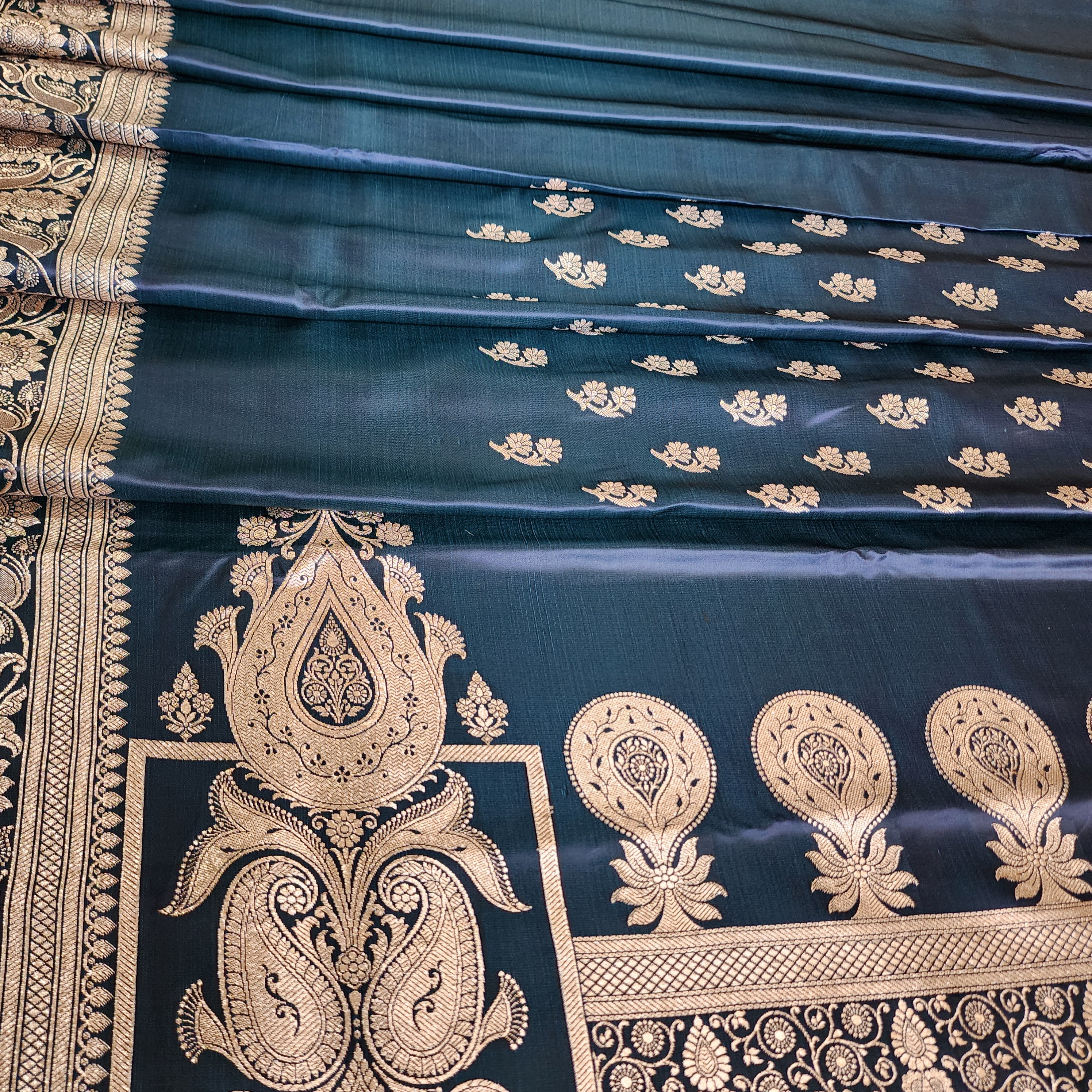 Teal Blue Pure Banarasi Katan Silk Saree with light Gold Zari Weaving