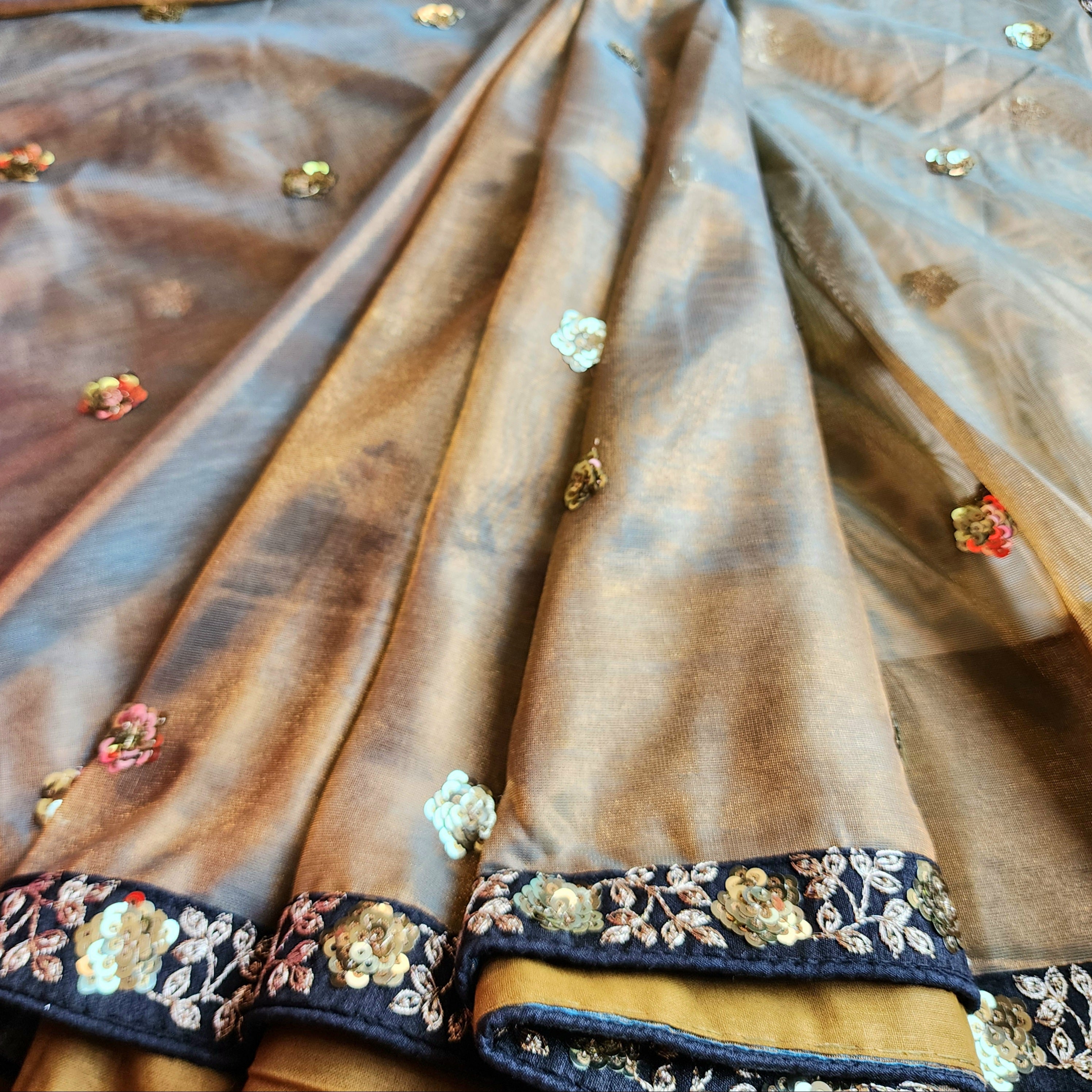 Olive Green Designer Net Saree with Heavy Embroidery Border