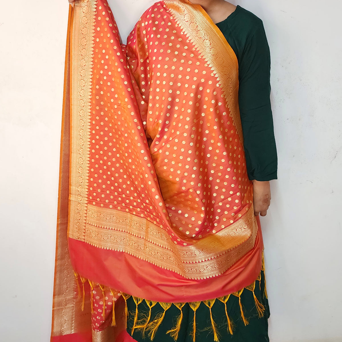 Peach Orange Banarasi Silk Dupatta with Gold Polka Dot