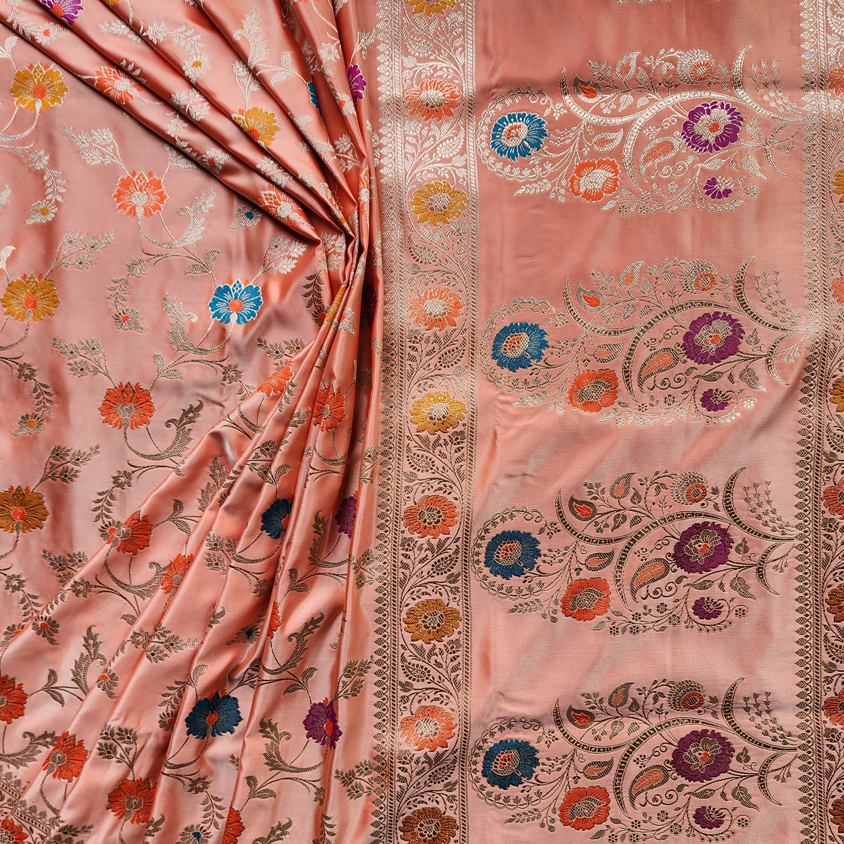 Enriched Banarasi Katan Silk Saree | Peach Multicolor Meenakari Floral Jaal