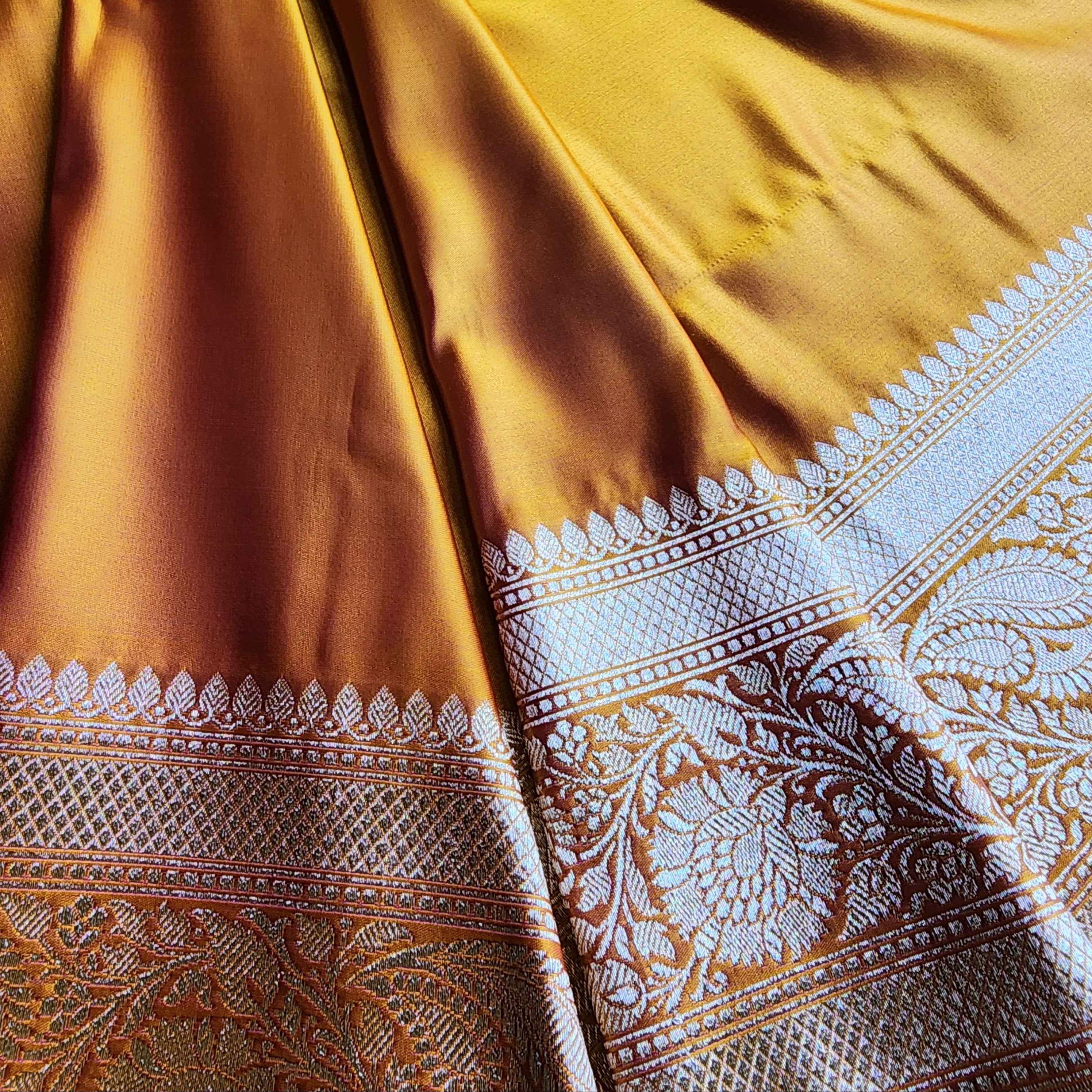Rich Marigold Yellow Pure Banarasi Katan Silk Saree with light Gold Zari Weaving